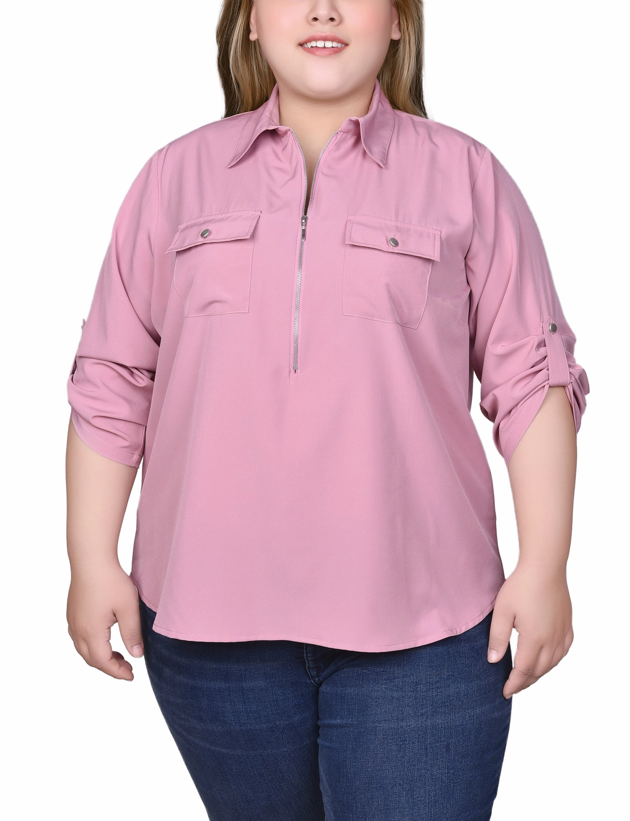 Plus Size 3/4 Roll Tab Sleeve Zip Front Blouse Temperature Regulating Fabric
