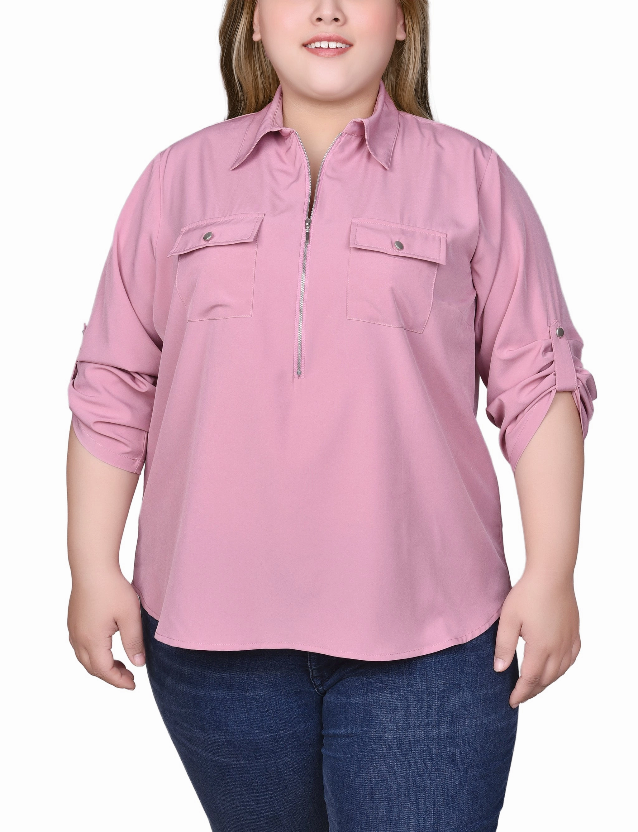 Plus Size 3/4 Roll Tab Sleeve Zip Front Blouse Light material VersatileLayering