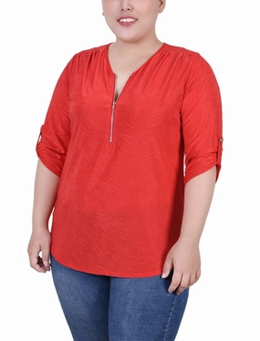 Plus Size 3/4 Roll Tab Zip Front Jacquard Knit Top SolarReflectiveFinish Casual Fit