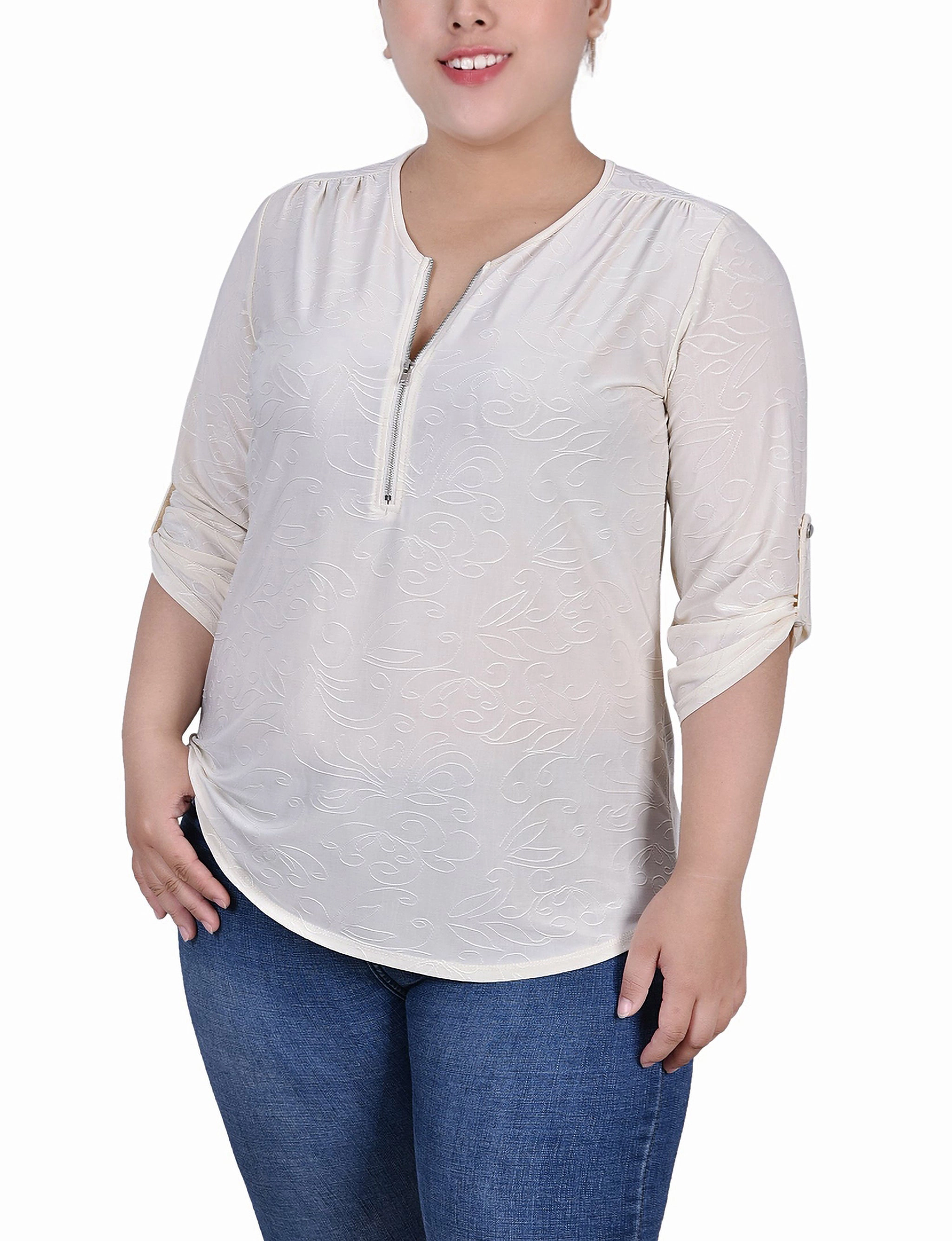 Trendy Cardigan ConvertibleCollarSystem Plus Size 3/4 Roll Tab Zip Front Jacquard Knit Top