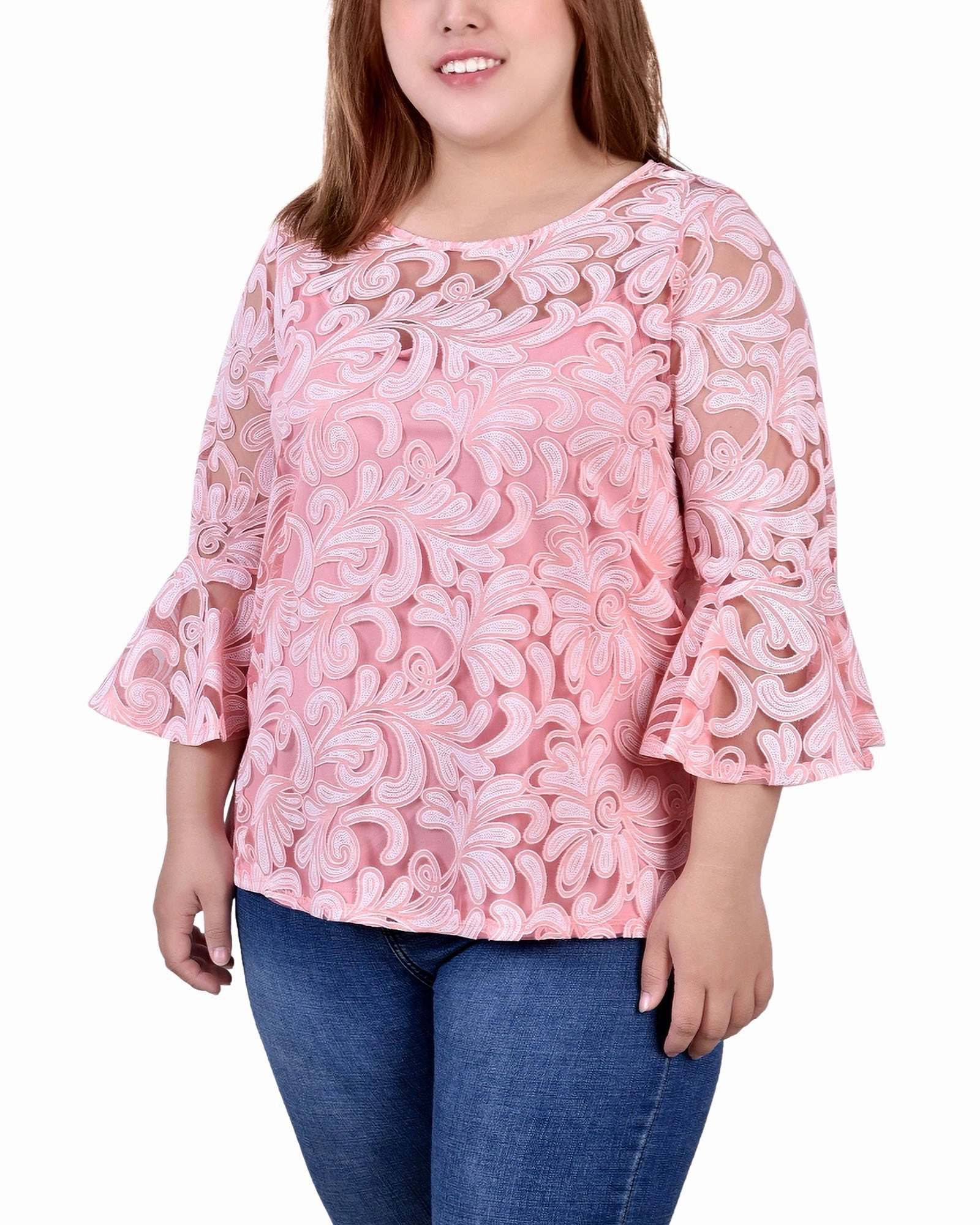 Plus Size 3/4 Sleeve Burnout Blouse With Matching Camisole NoiseReduciting Zipper