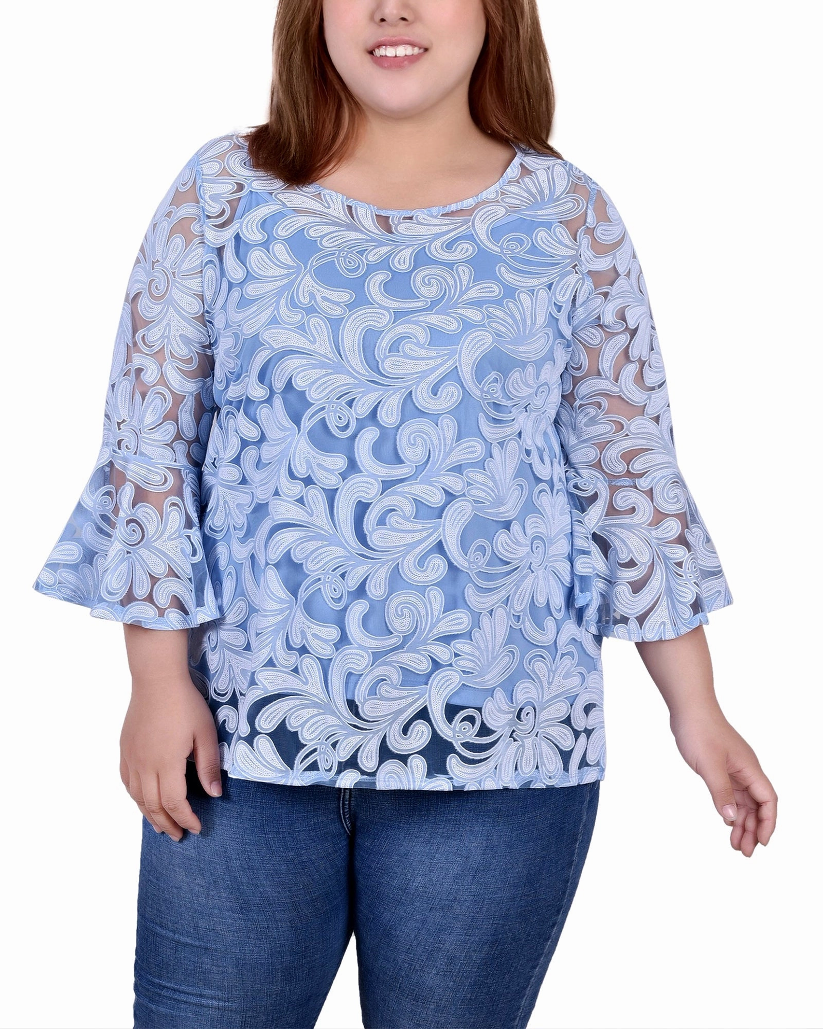 Layered Ventilation Zones Plus Size 3/4 Sleeve Burnout Blouse With Matching Camisole