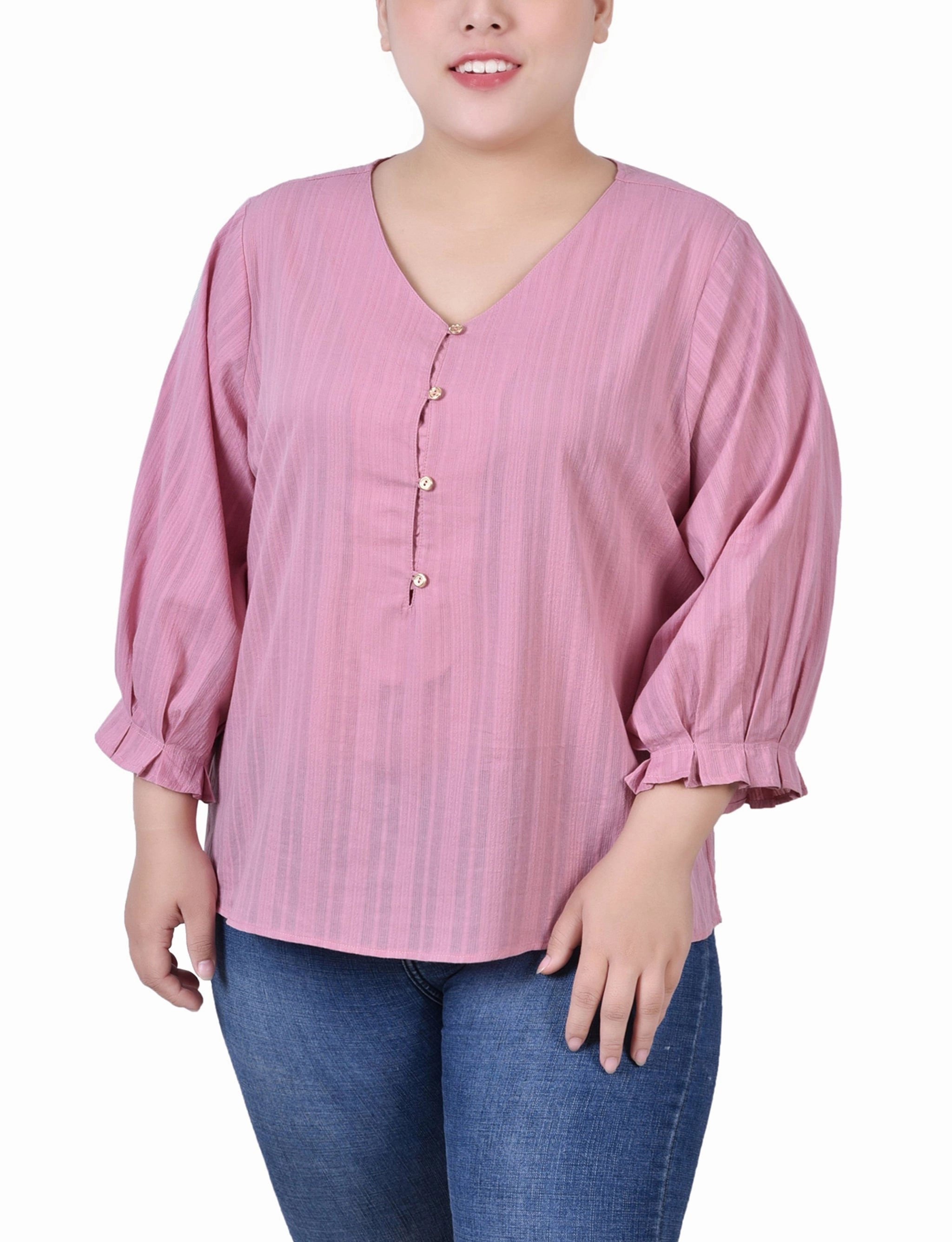 Plus Size 3/4 Sleeve Button Placket Jacquard Blouse WaterRepellent Finish ZonalVentilation