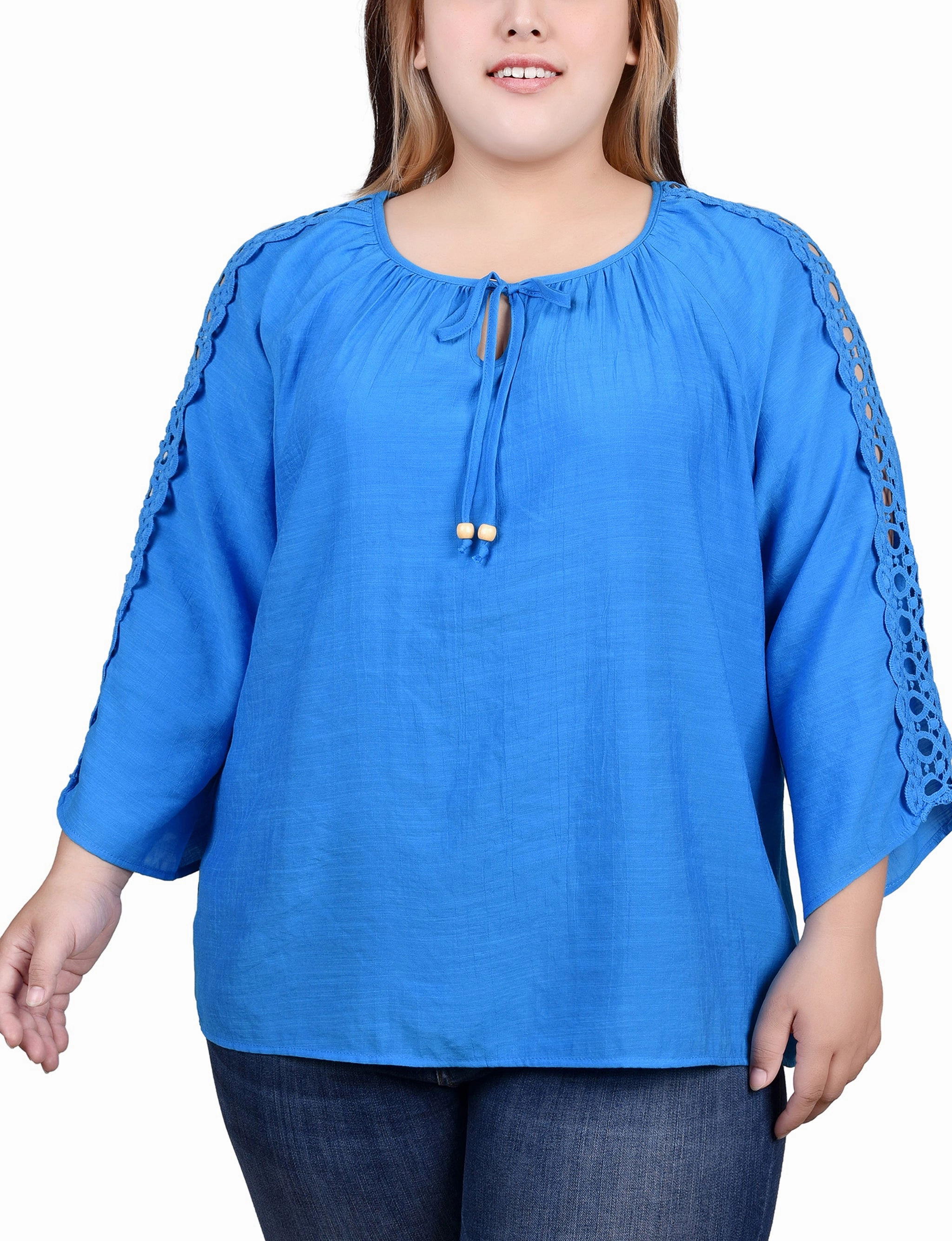 Plus Size 3/4 Sleeve Crochet Detail Blouse ArticulatedElbowShaping