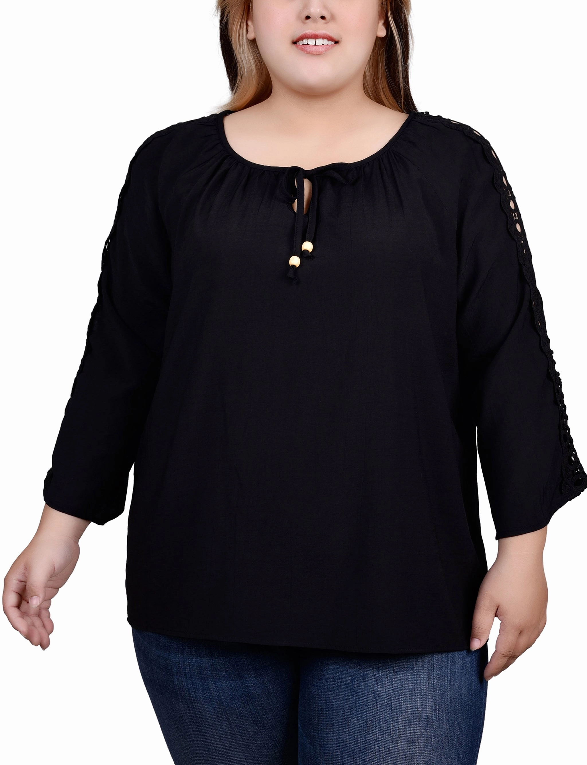ButtonDownCollar Plus Size 3/4 Sleeve Crochet Detail Blouse