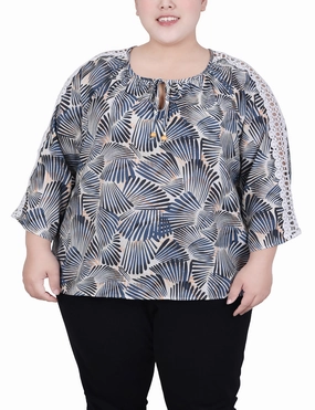 Plus Size 3/4 Sleeve Crochet Detail Blouse Resilient Elasticity