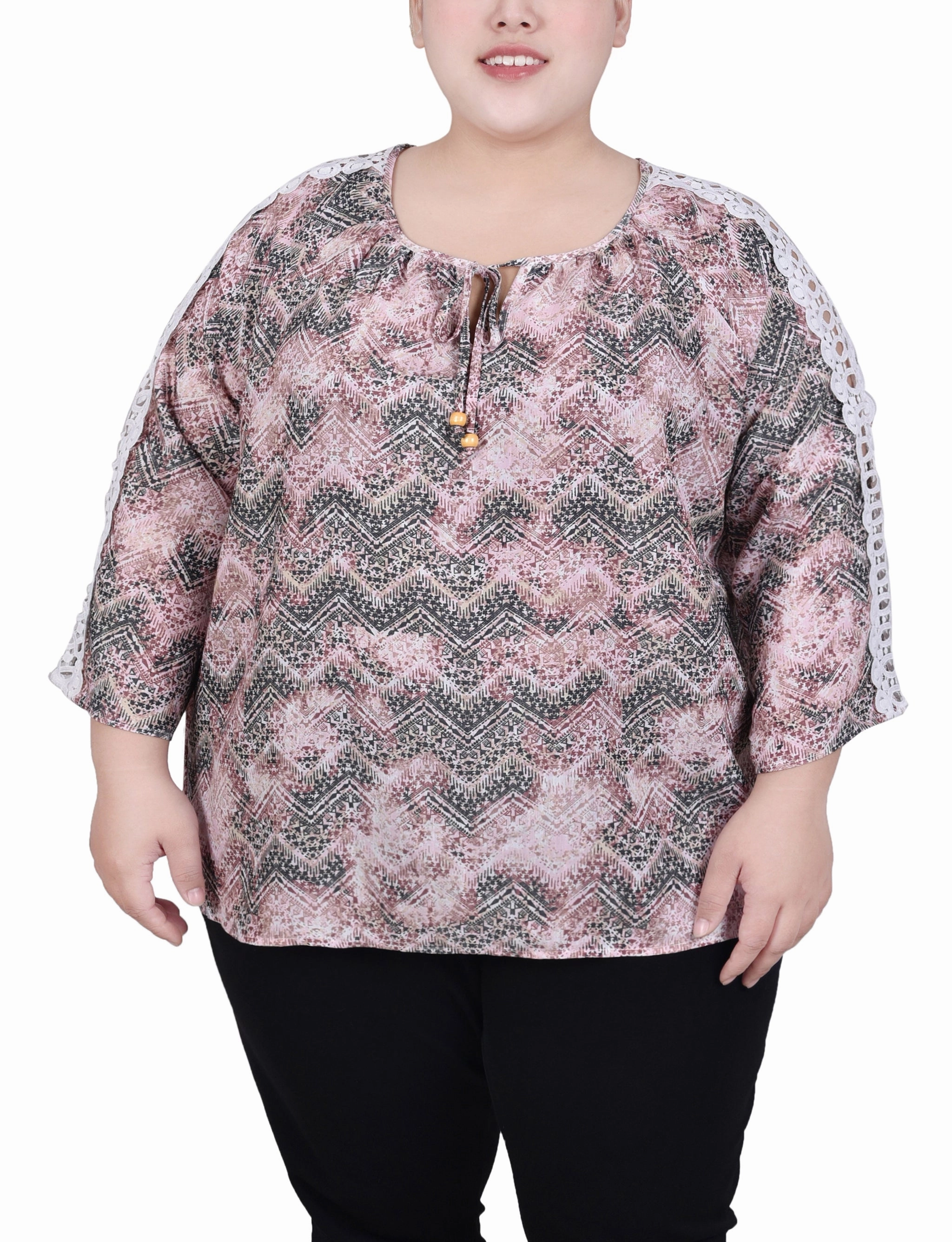 All Day Comfort Plus Size 3/4 Sleeve Crochet Detail Blouse