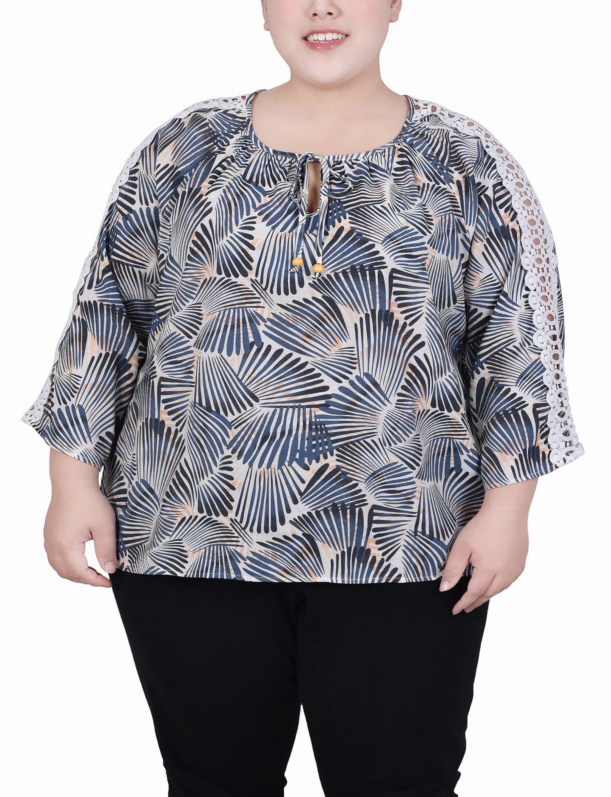 Plus Size 3/4 Sleeve Crochet Detail Blouse Layered Collar System