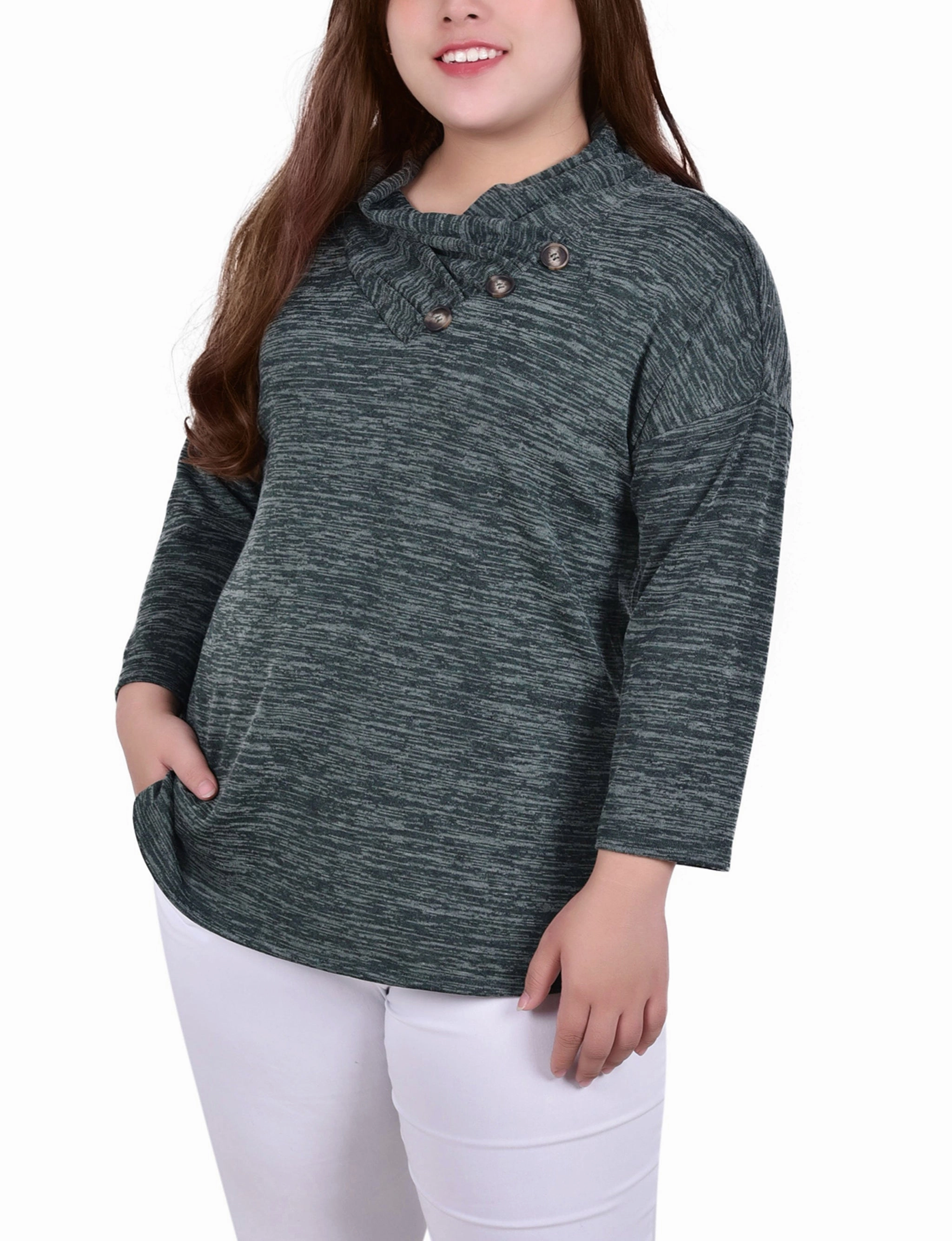 Minimalist Aesthetic Plus Size 3/4 Sleeve Crossover Cowl Neck Top