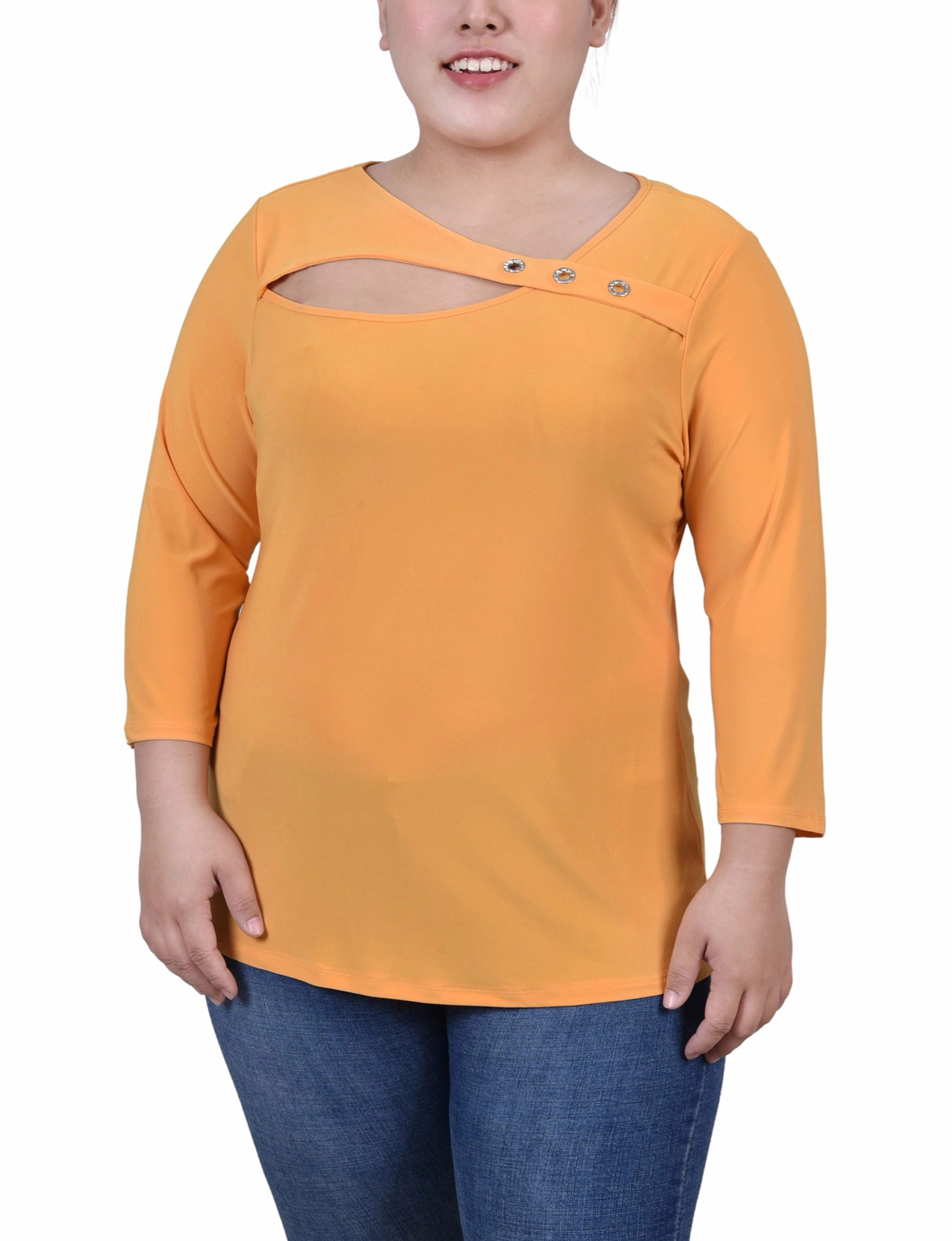 AthleticInspired Plus Size 3/4 Sleeve Cutout Top
