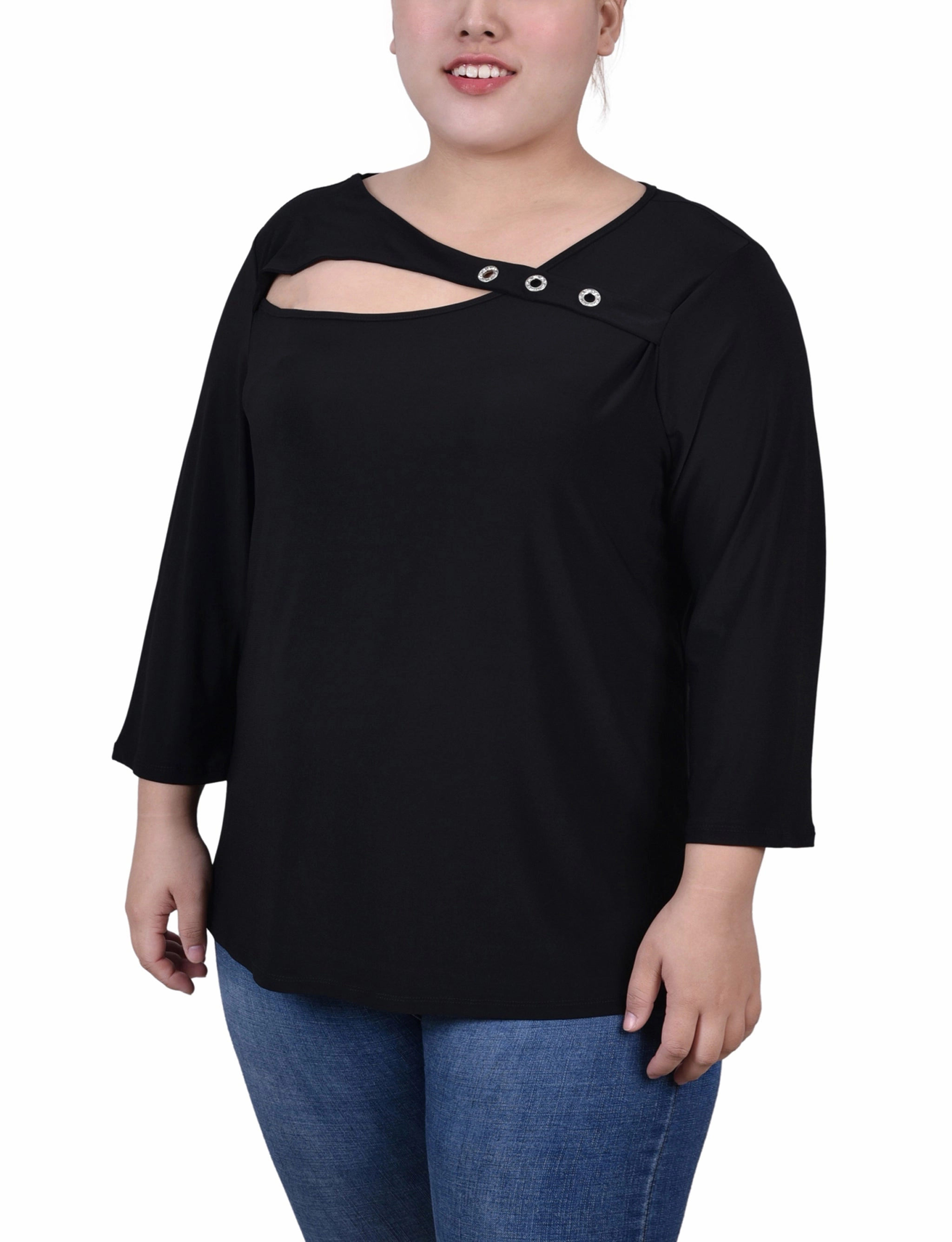 Plus Size 3/4 Sleeve Cutout Top Elasticized Waistband