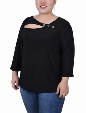 ConvertibleStyle Weighted Hem Trim Plus Size 3/4 Sleeve Cutout Top