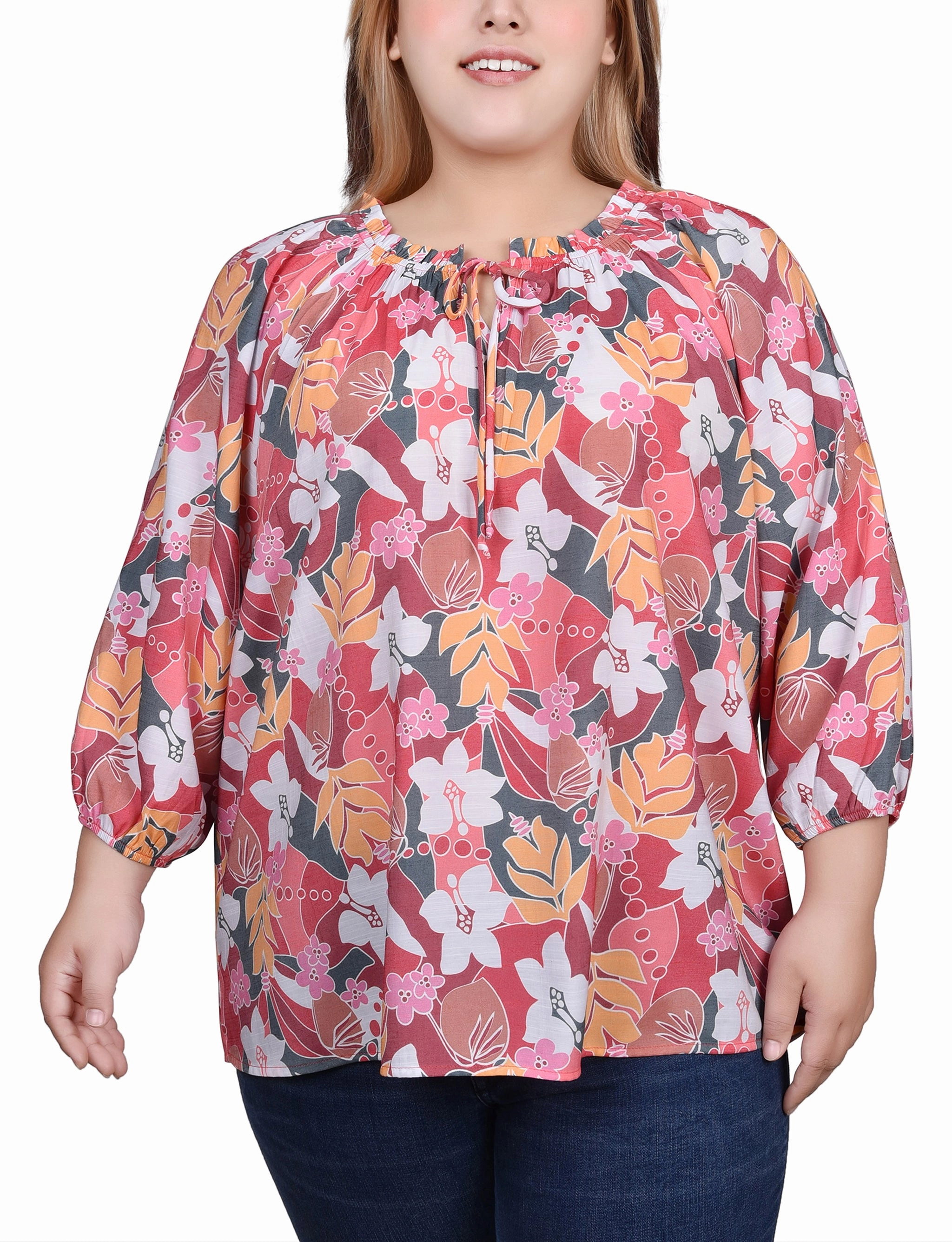 Plus Size 3/4 Sleeve Drawstring Neck Blouse Soft Brushed Finish