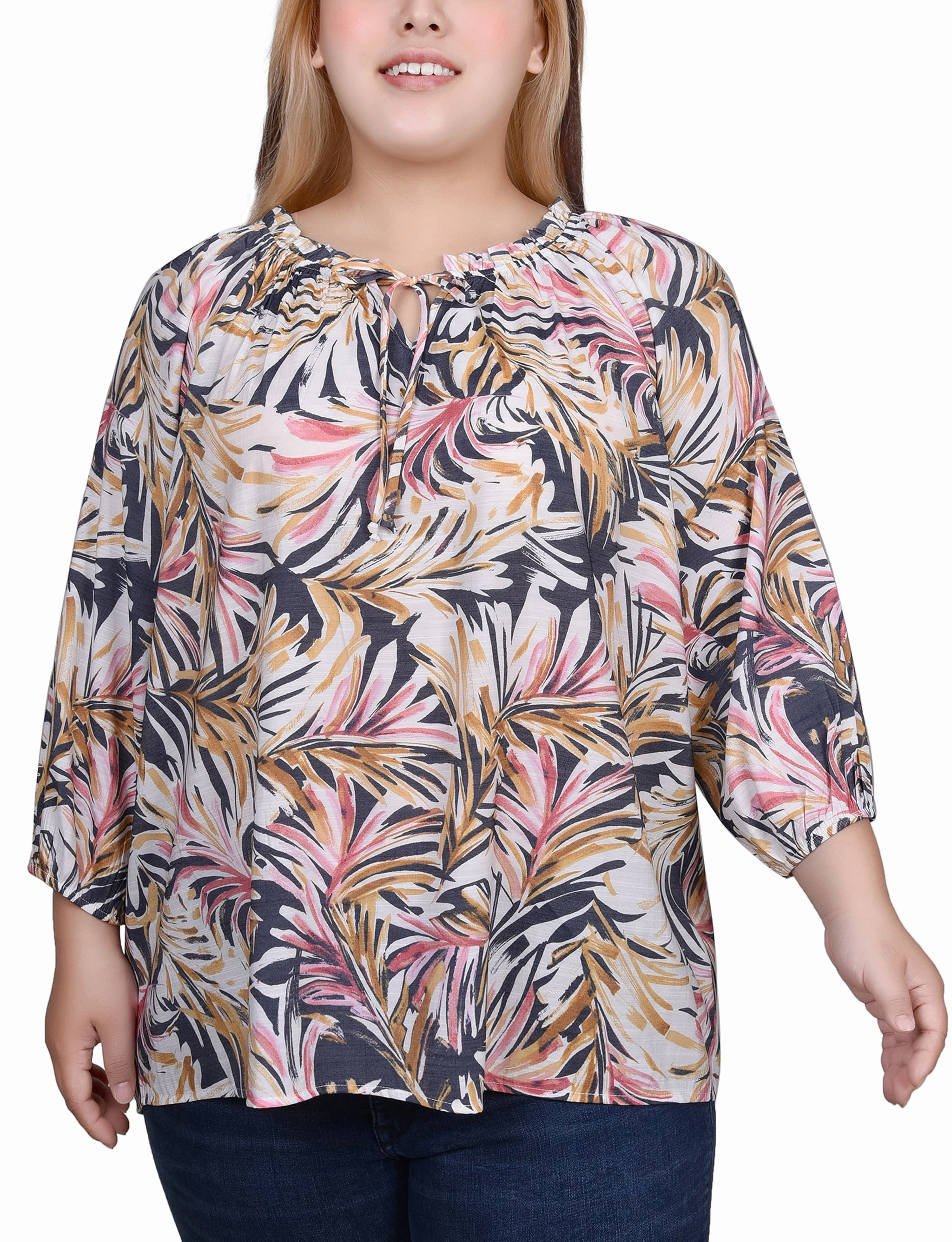 Plus Size 3/4 Sleeve Drawstring Neck Blouse WindproofBarrierTechnology Convertible Neckline