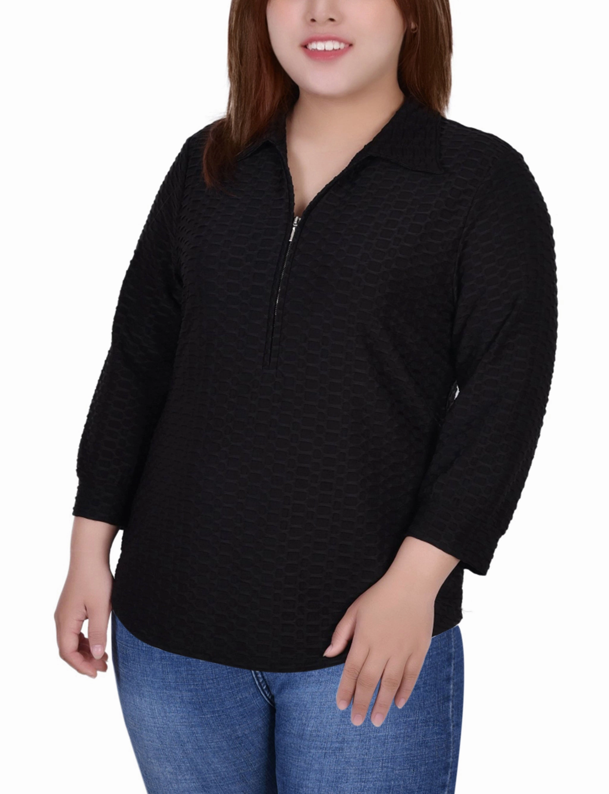 Compression Gradient FlexFit Technology Plus Size 3/4 Sleeve Honeycomb Half Zip Collared Top