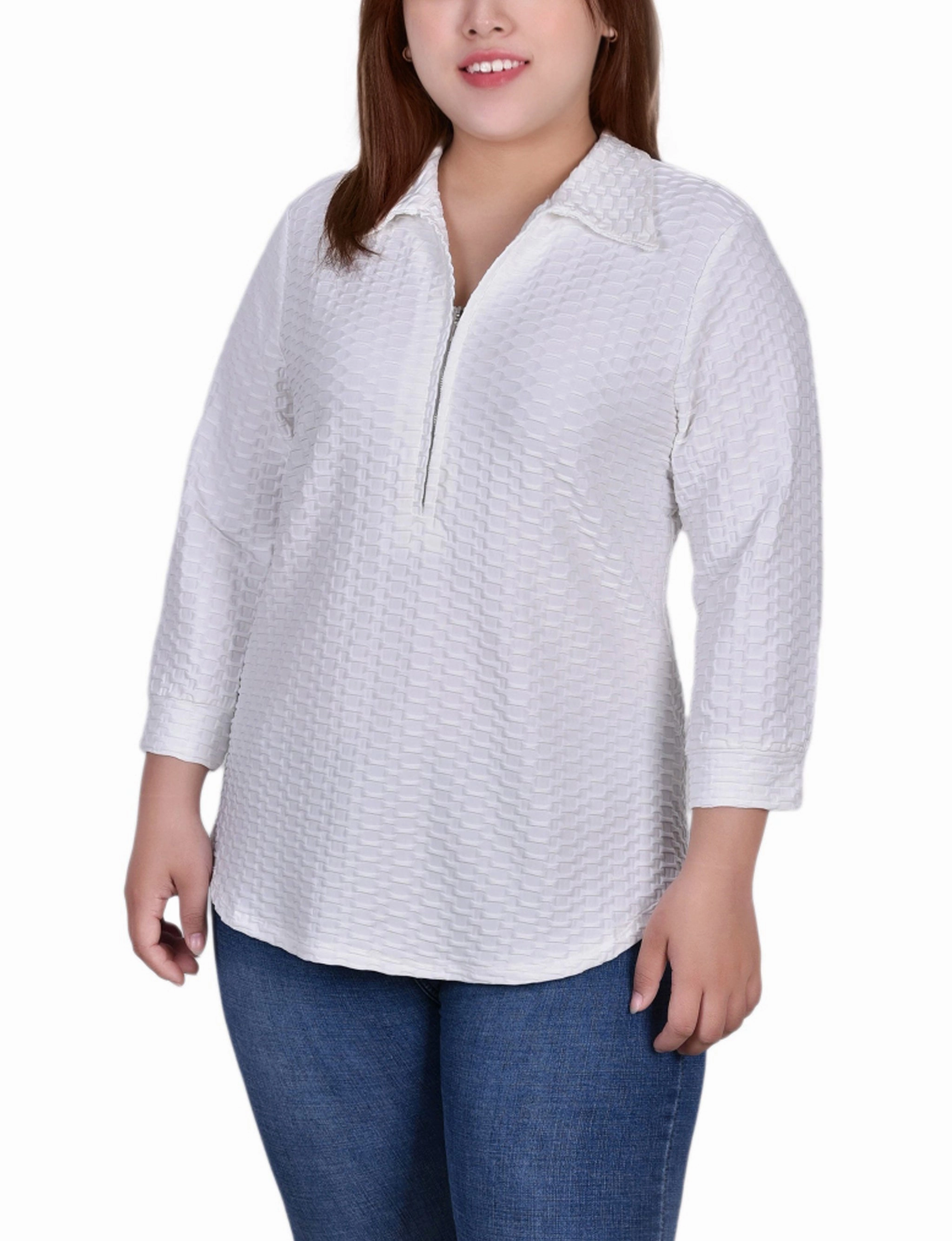 Plus Size 3/4 Sleeve Honeycomb Half Zip Collared Top summer look