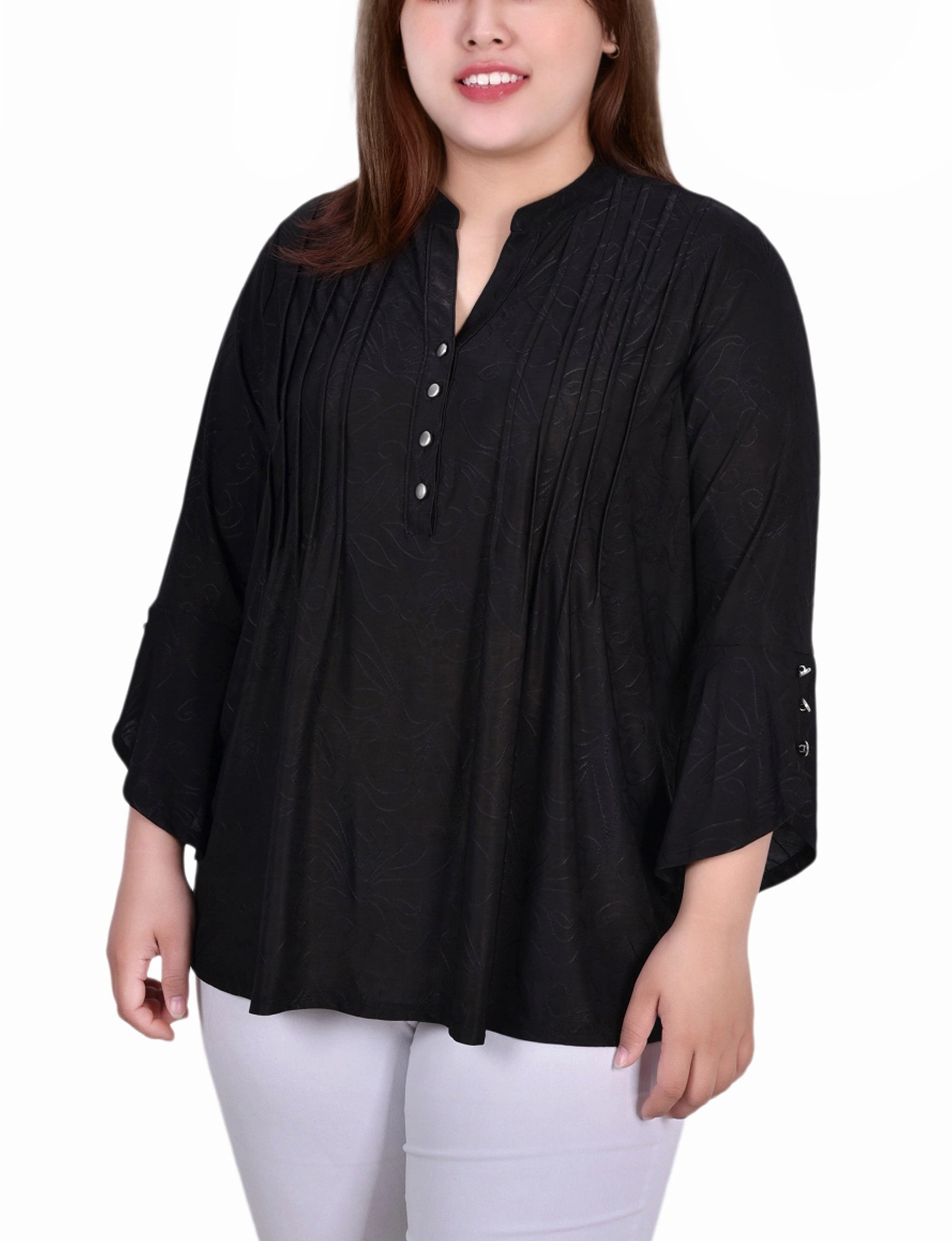 Ribbed Hem Stretch Waistband Design Plus Size 3/4 Sleeve Overlapped Bell Sleeve Y Neck Top