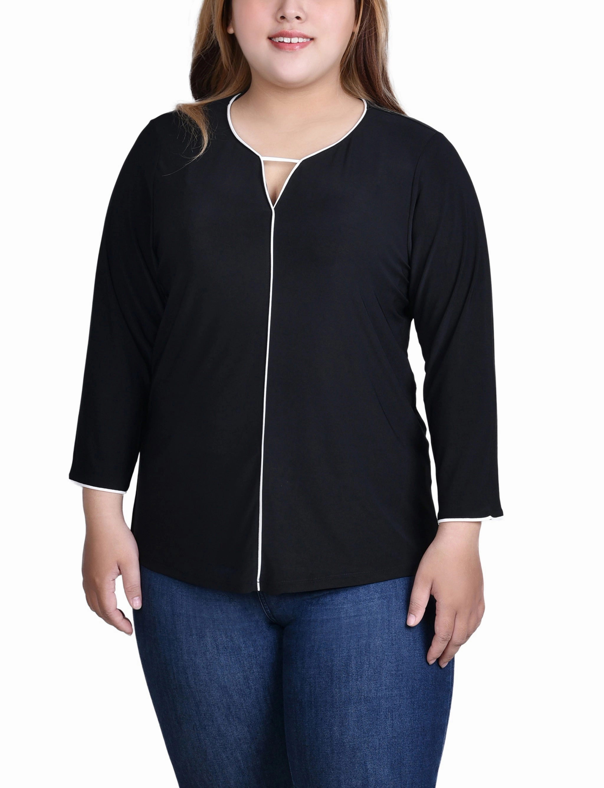 Durable Reinforced Elbows Plus Size 3/4 Sleeve Piped Top