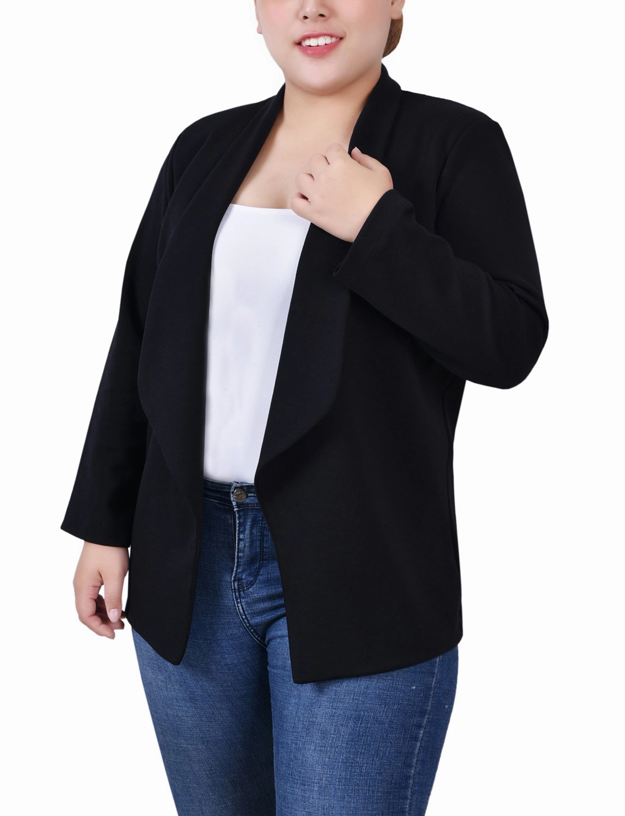 Plus Size 3/4 Sleeve Ponte Jacket ThermalRegulating Reinforced Neckline Detail