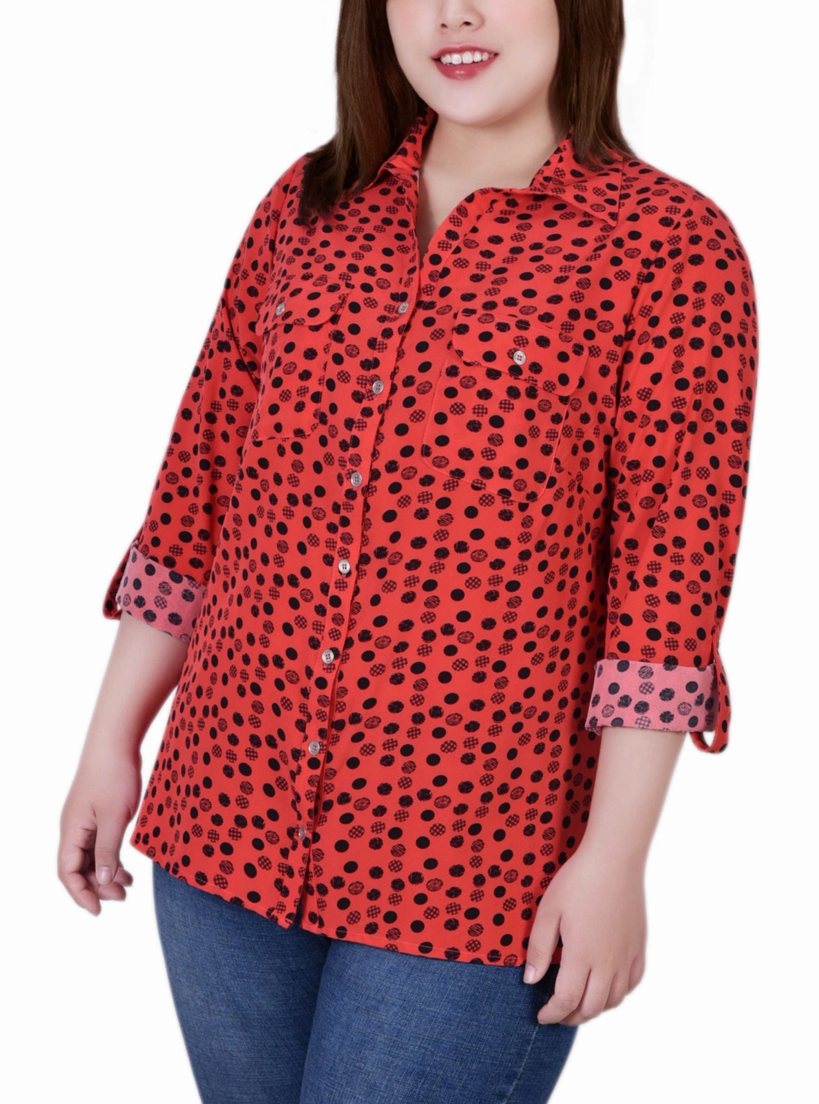 LowMaintenance Fabric Laser Cut Edges Plus Size 3/4 Sleeve Roll Tab Notch Collar Blouse