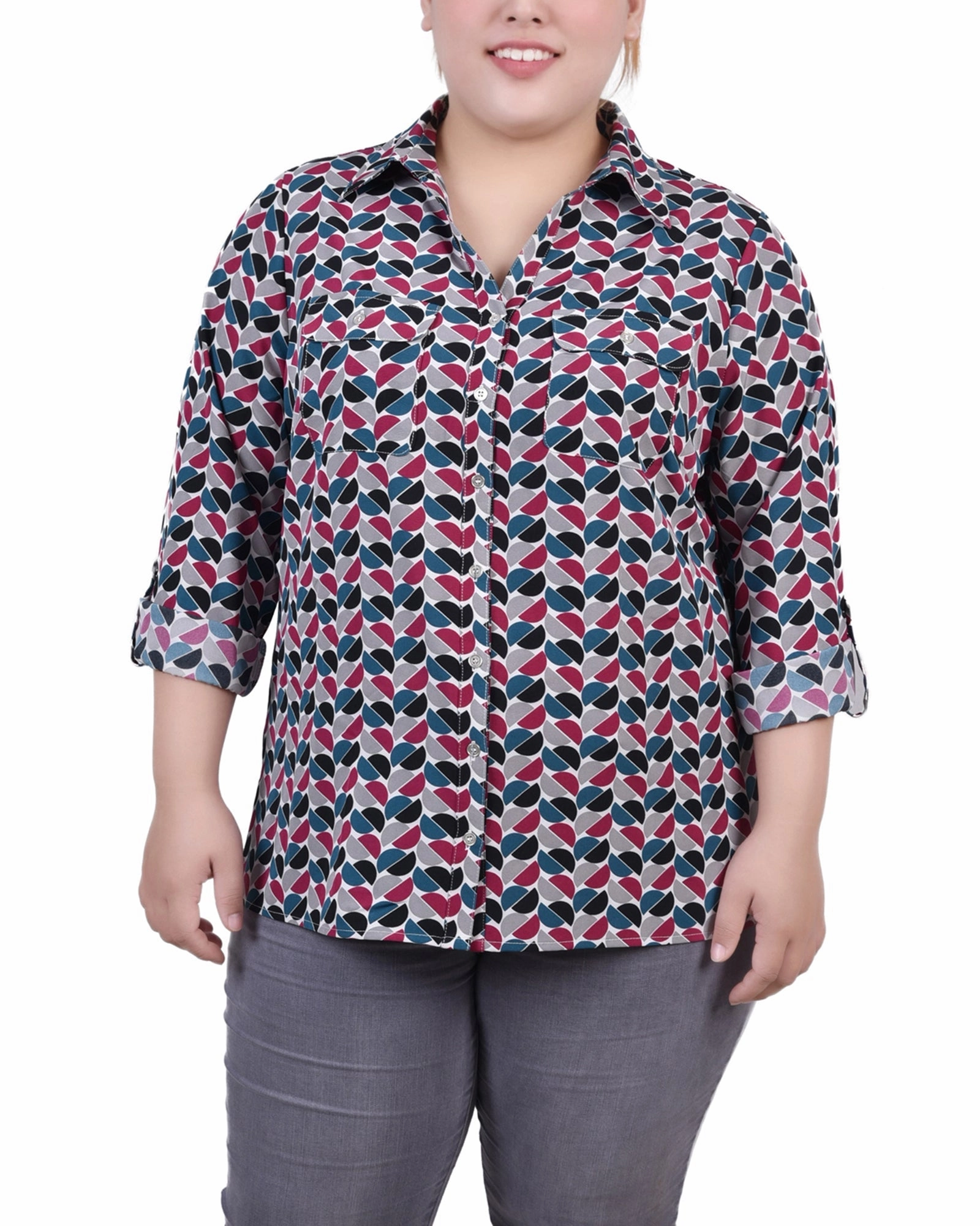 Street Style Plus Size 3/4 Sleeve Roll Tab Notch Collar Blouse