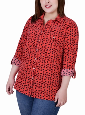 Plus Size 3/4 Sleeve Roll Tab Notch Collar Blouse FlexibleCuff