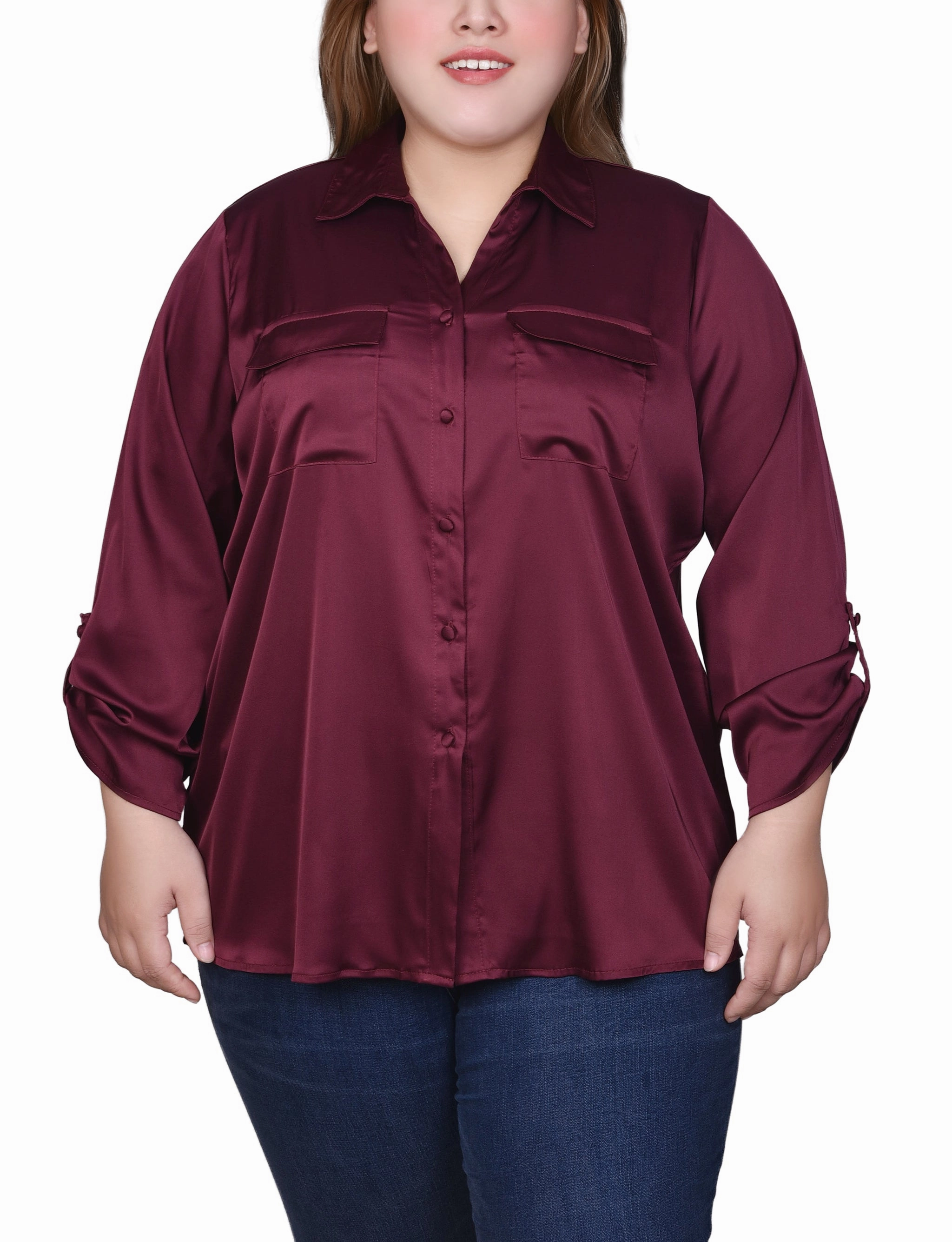 Plus Size 3/4 Sleeve Roll Tab Satin Blouse Versatile Layering Gym Wear