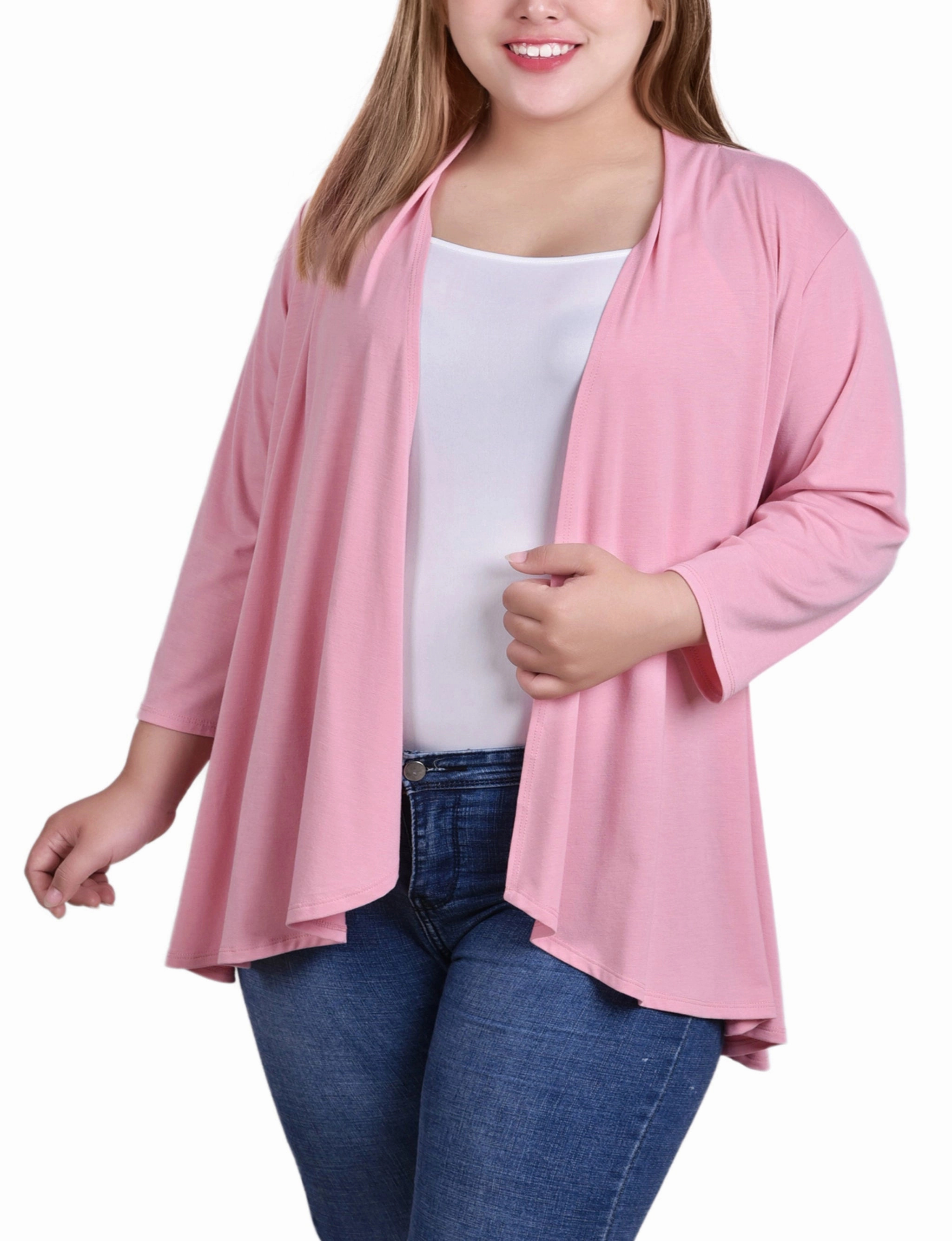 Stretch Blouse Reinforced Shoulder Seams Plus Size 3/4 Sleeve Solid Cardigan