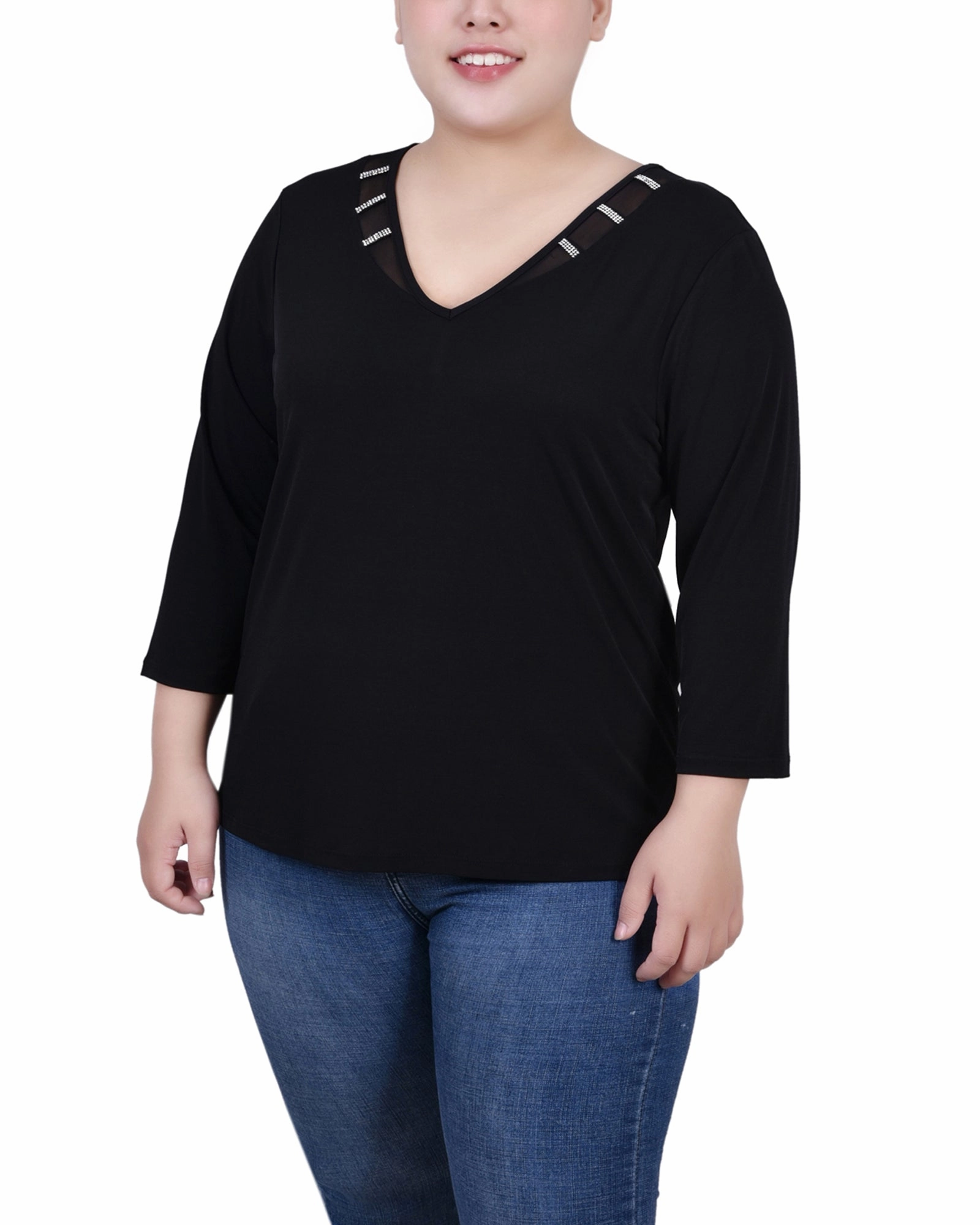 Plus Size 3/4 Sleeve Top With Illusion Neckline and Stones Odor Resistant Technology Silicone Print Detail