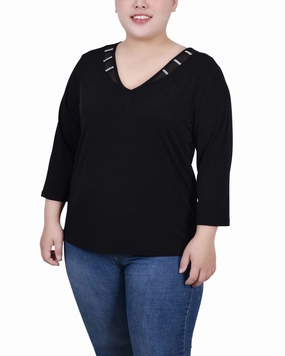 Plus Size 3/4 Sleeve Top With Illusion Neckline and Stones Odor Resistant Technology Silicone Print Detail