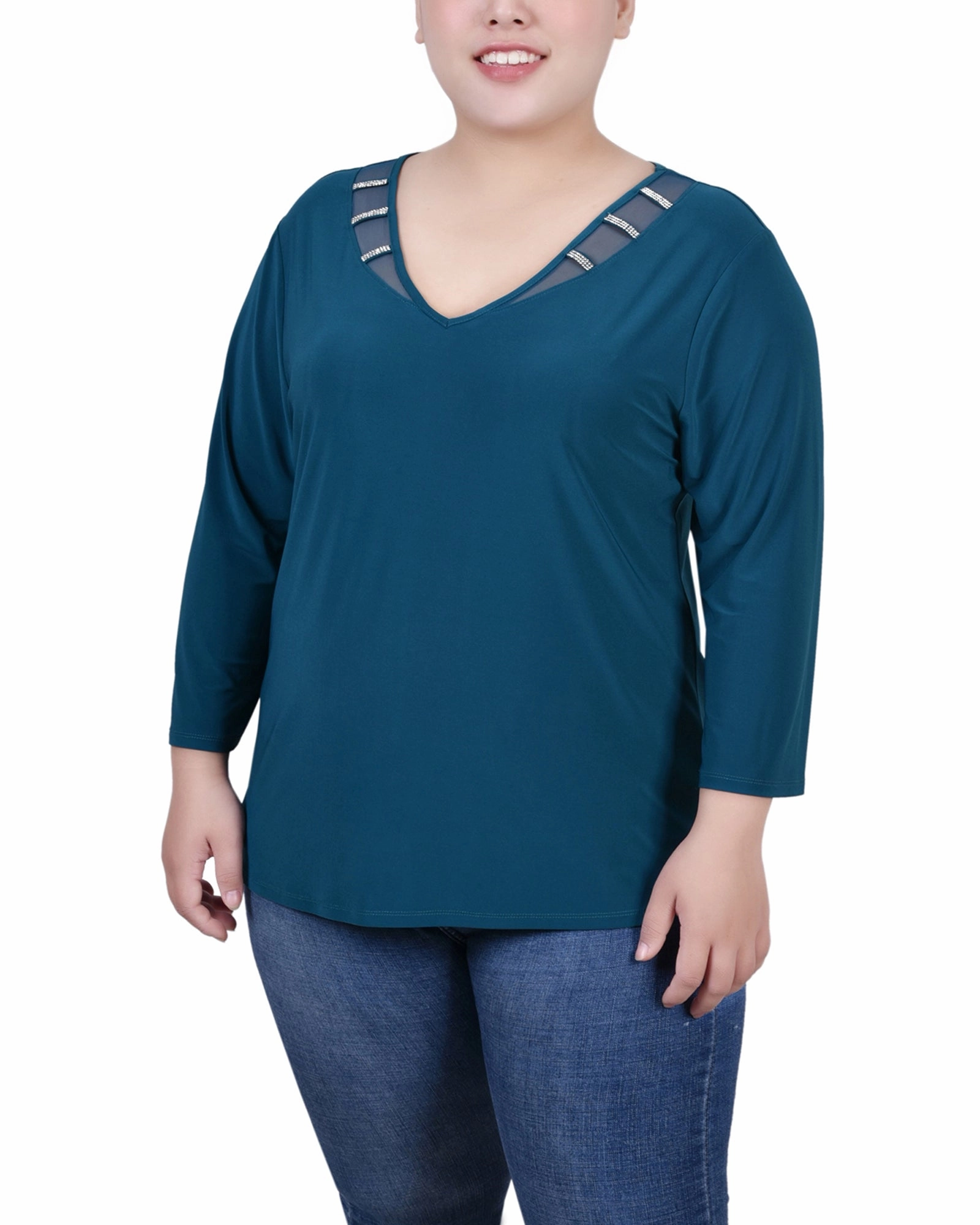 Temperature Regulating Fabric Ergonomic Cut Plus Size 3/4 Sleeve Top With Illusion Neckline and Stones