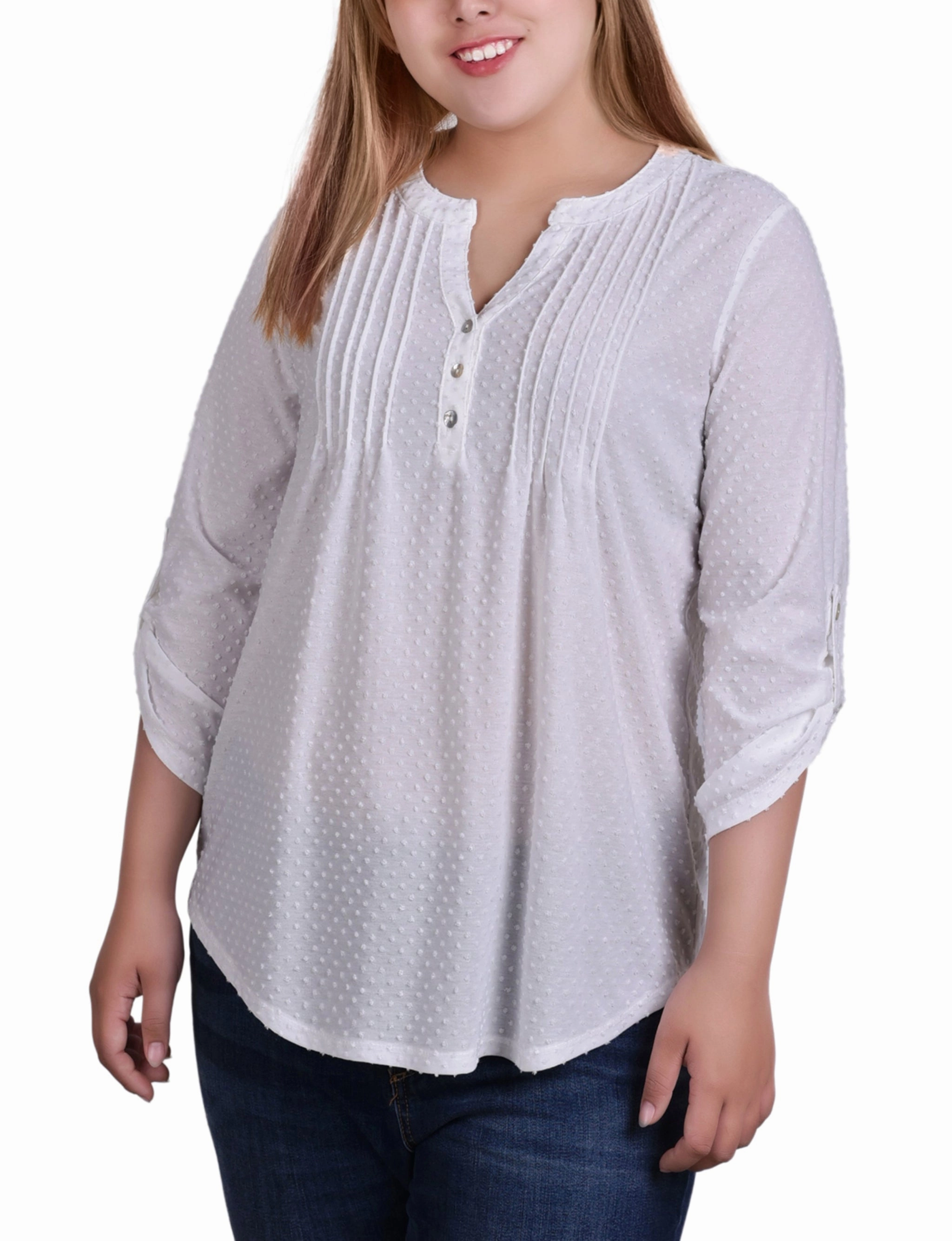 Sporty Sweatshirt Plus Size 3/4 Tab Sleeve Y Neck Top