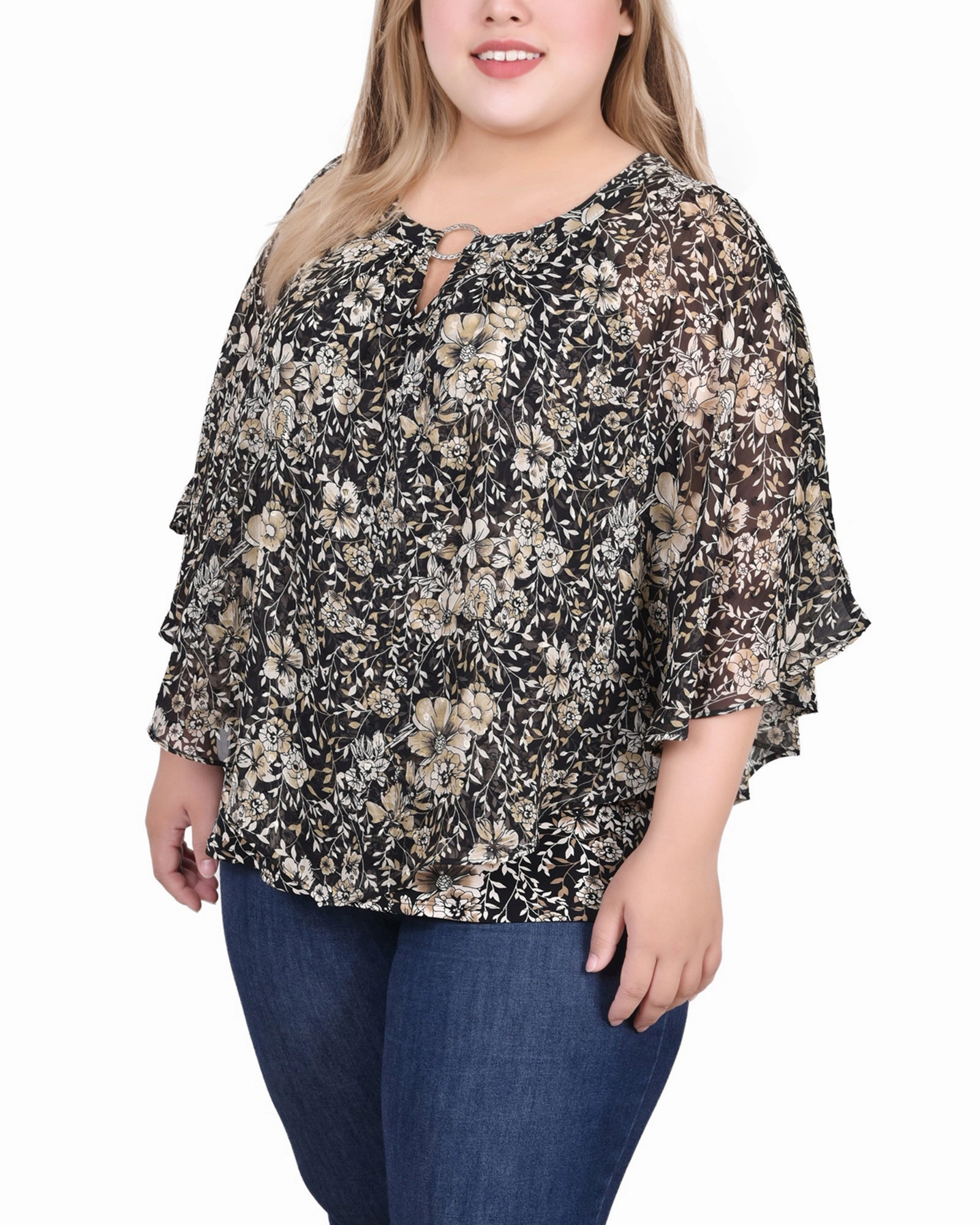 FlexibleCuff simple design Plus Size Chiffon Poncho Top With Ring
