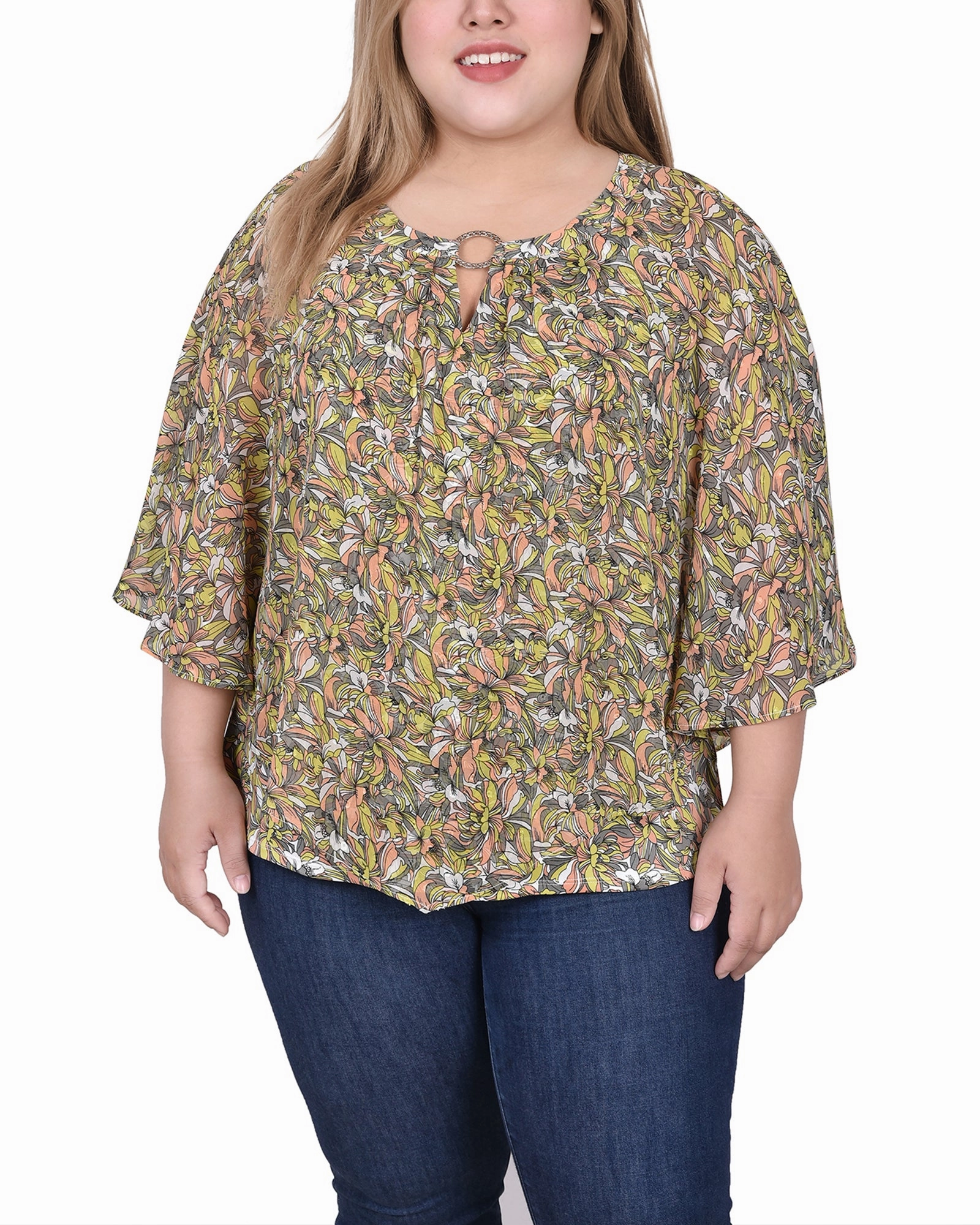 Reinforced Elbow Patches Tagless Neckline Plus Size Chiffon Poncho Top With Ring
