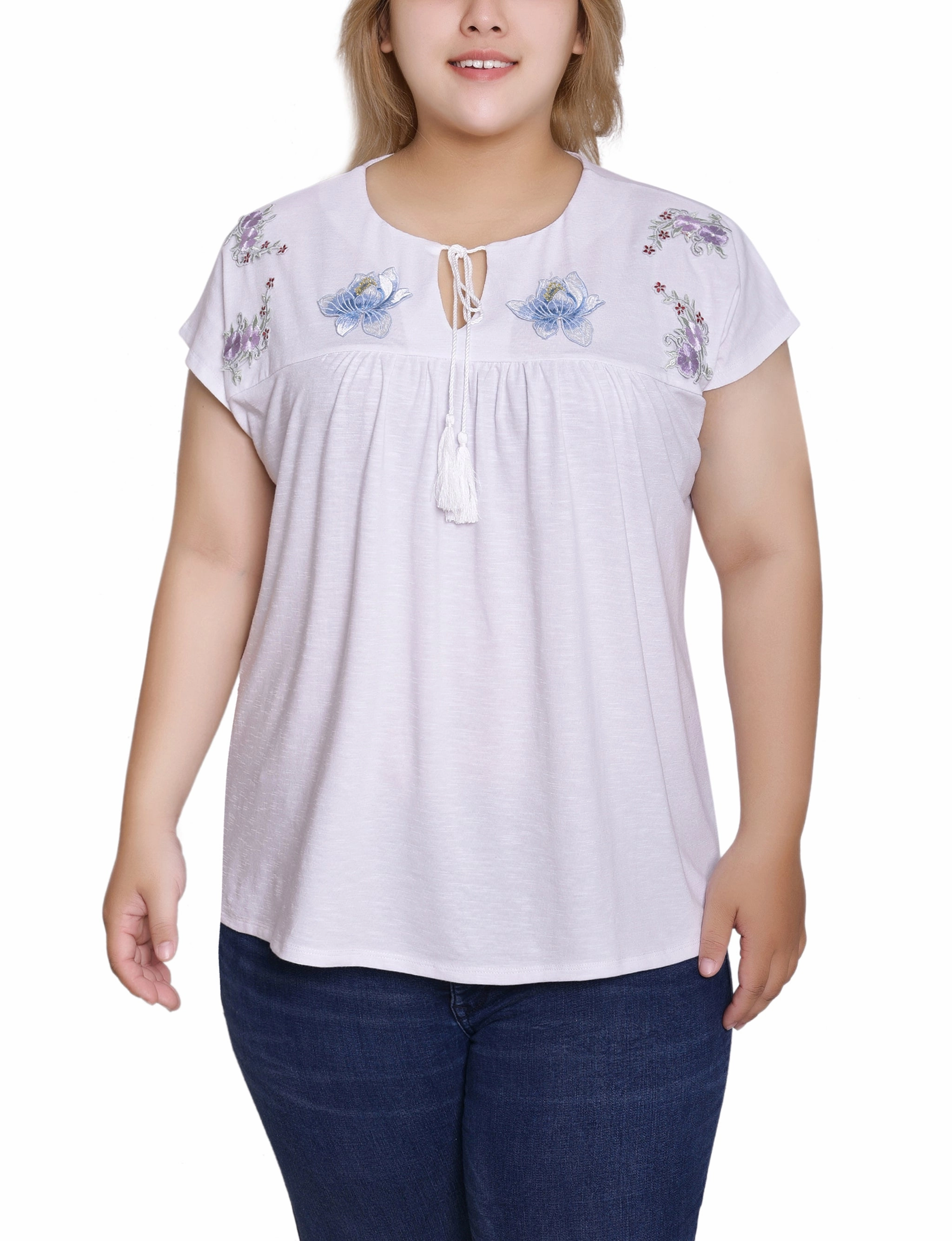 Rubberized grip Plus Size Embroidered Yoke Extended Sleeve Top