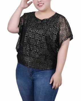 Stretchable Material QuickReleaseFastenings Plus Size Foil Lace Poncho With Smocked Waist