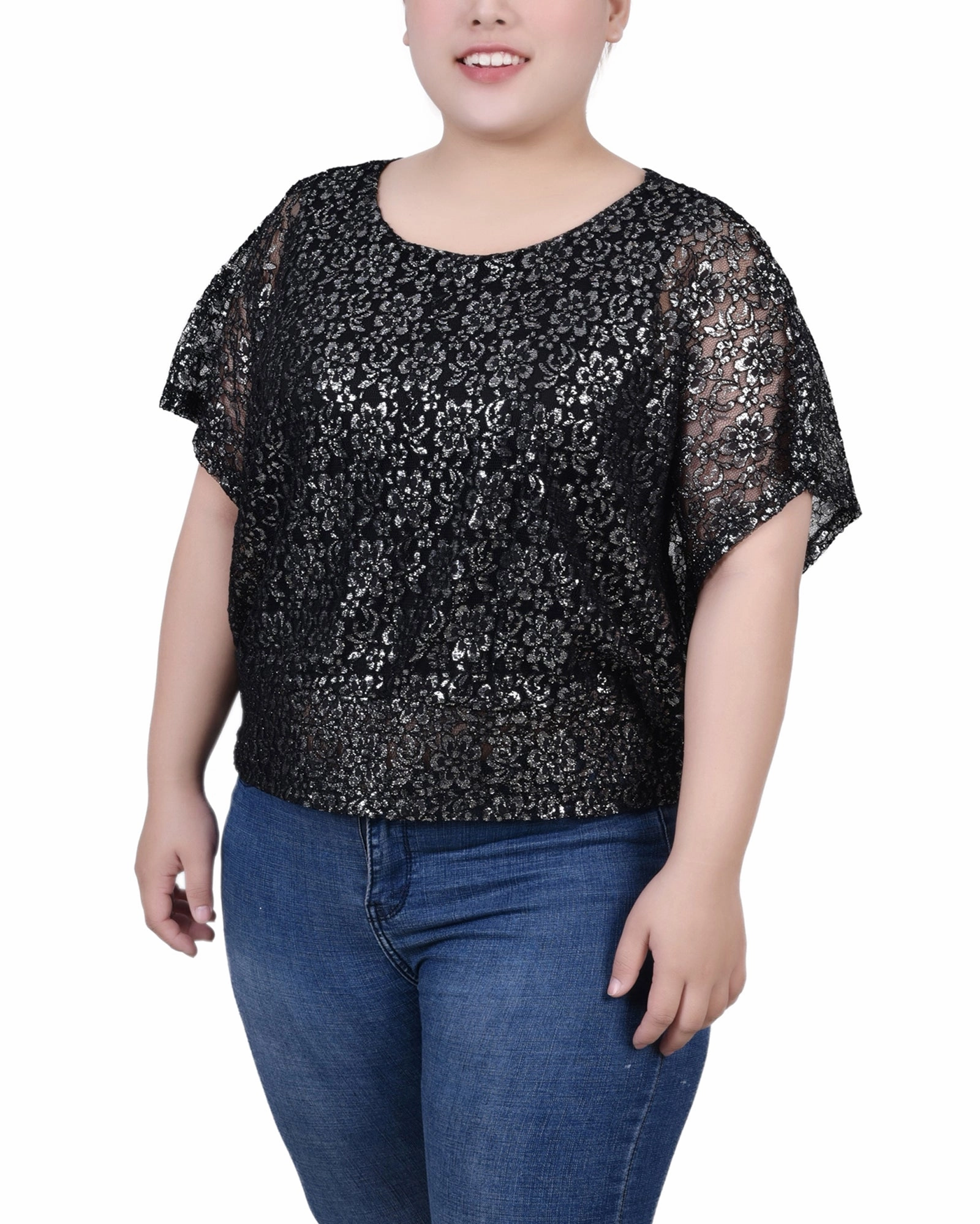 Light Reflective Printing Plus Size Foil Lace Poncho With Smocked Waist