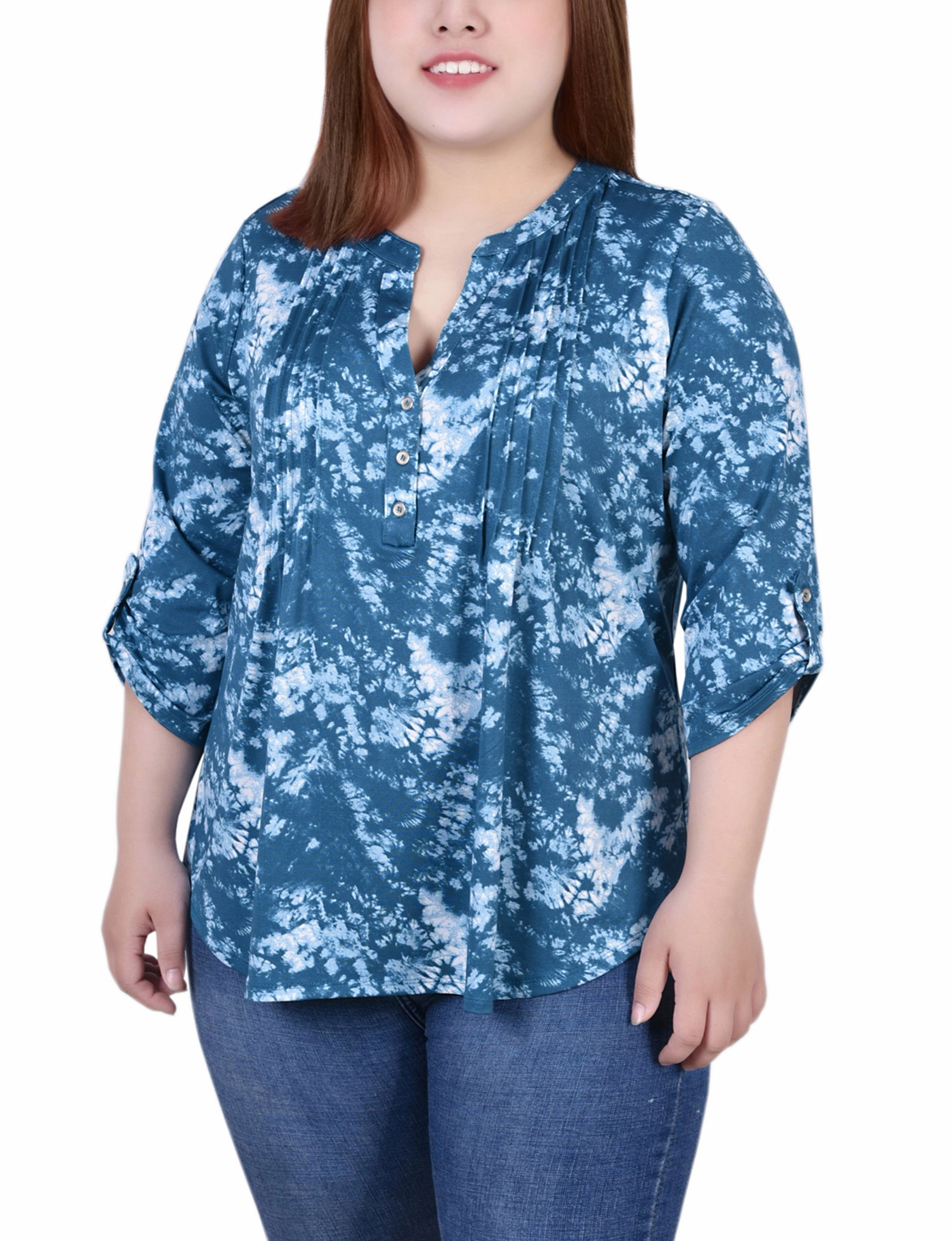 Plus Size Knit Jacquard 3/4 Sleeve Roll Tab Top LayeredPanel
