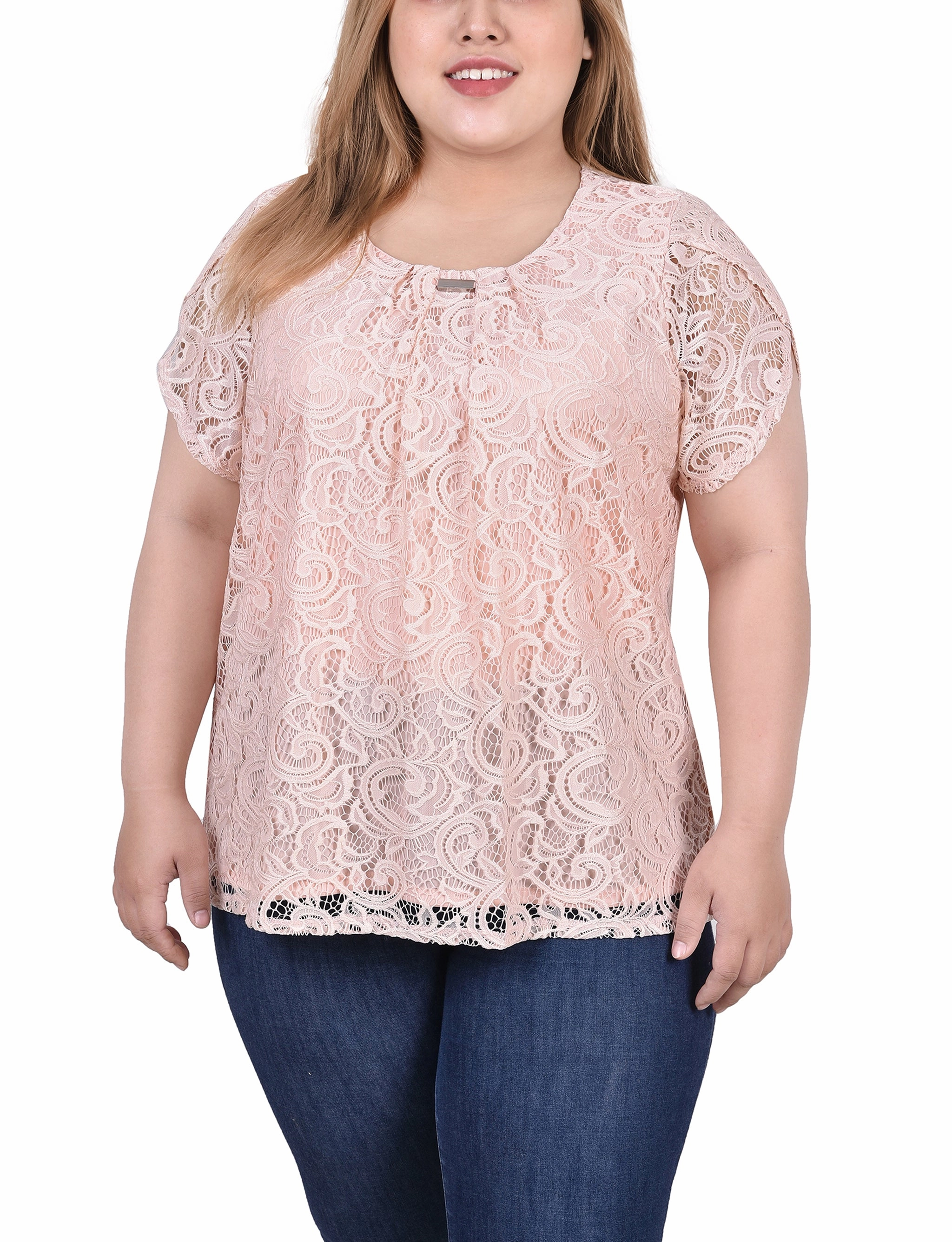 Snag Proof Weave Plus Size Lace Petal Sleeve Top