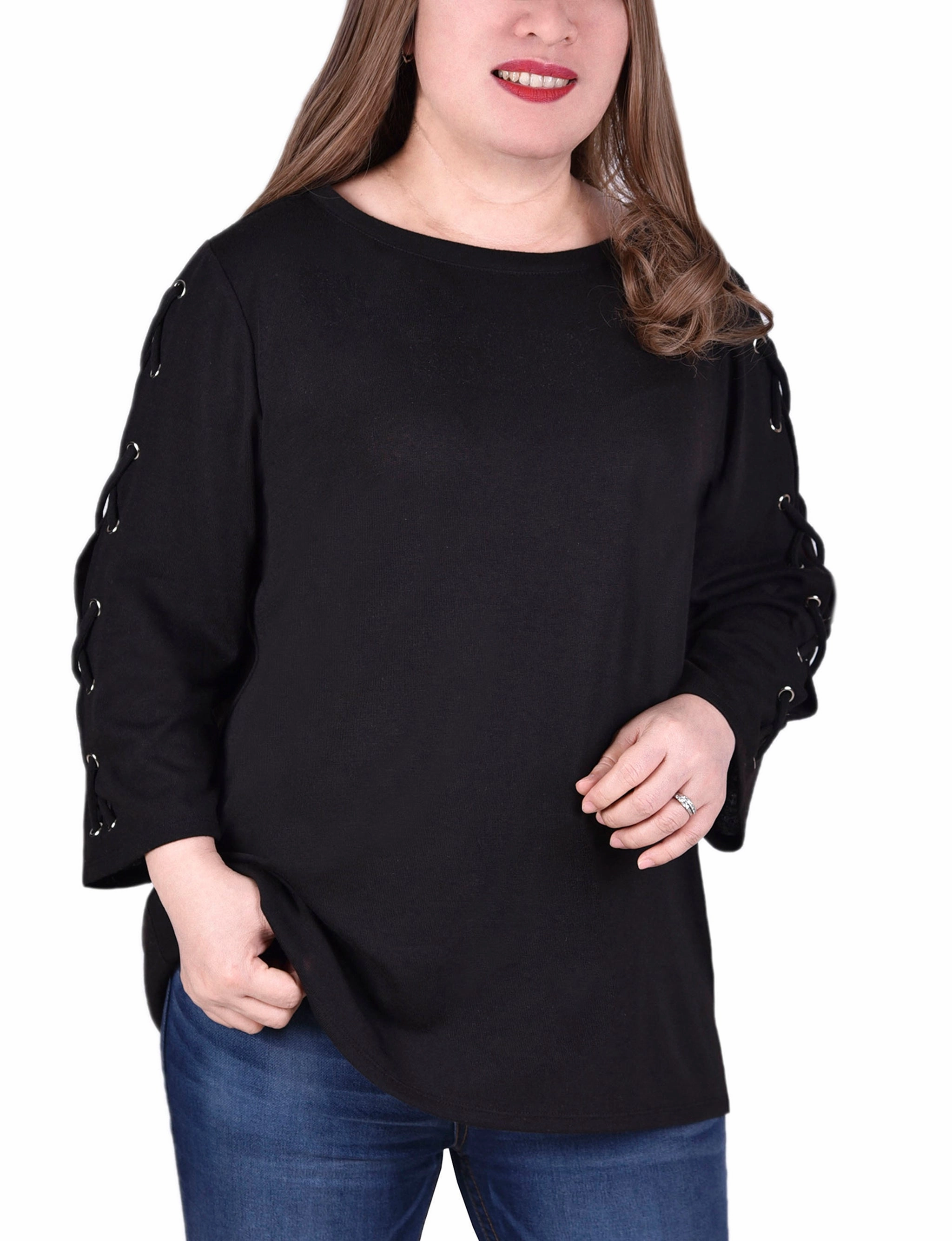 Mesh Panel Details Tagless Comfort Collar Plus Size Laced Sleeve Top