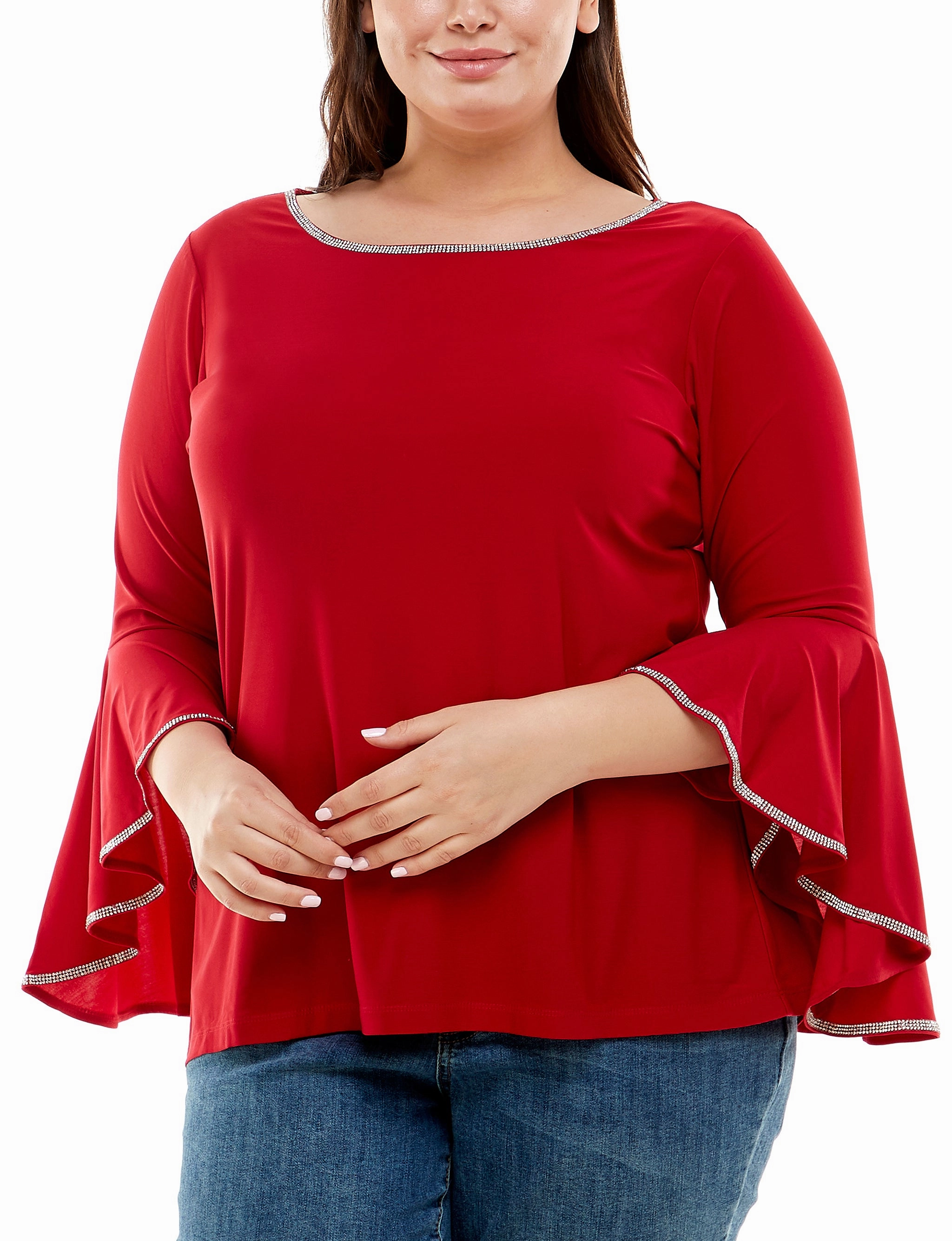 Plus Size Long Bell Sleeve Top With Stone Details NonIrritating Raw Edge Finish