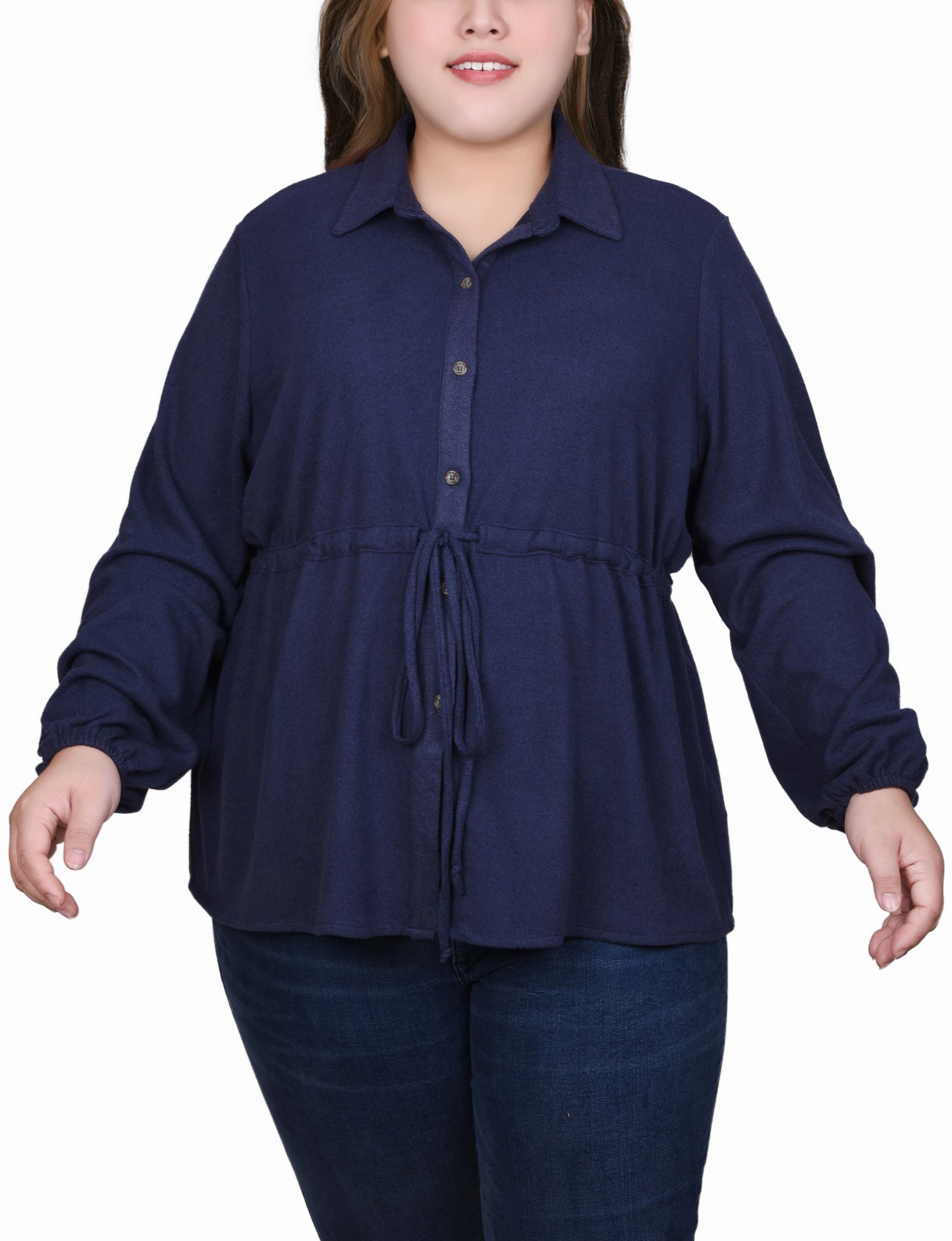 Plus Size Long Dolman Sleeve Drawstring-Waist Tunic Top Lightweight Blouse Layered Hem Reinforcement