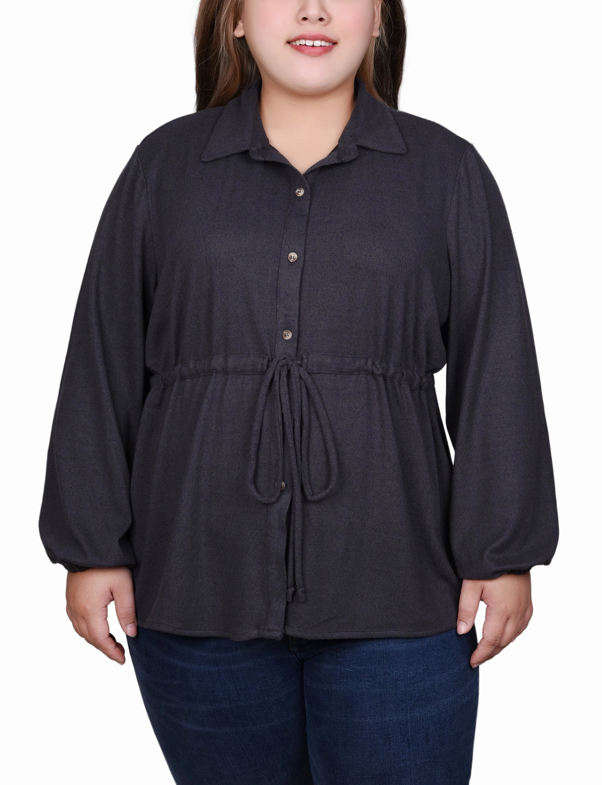 Plus Size Long Dolman Sleeve Drawstring-Waist Tunic Top Compact Thermal Insulation