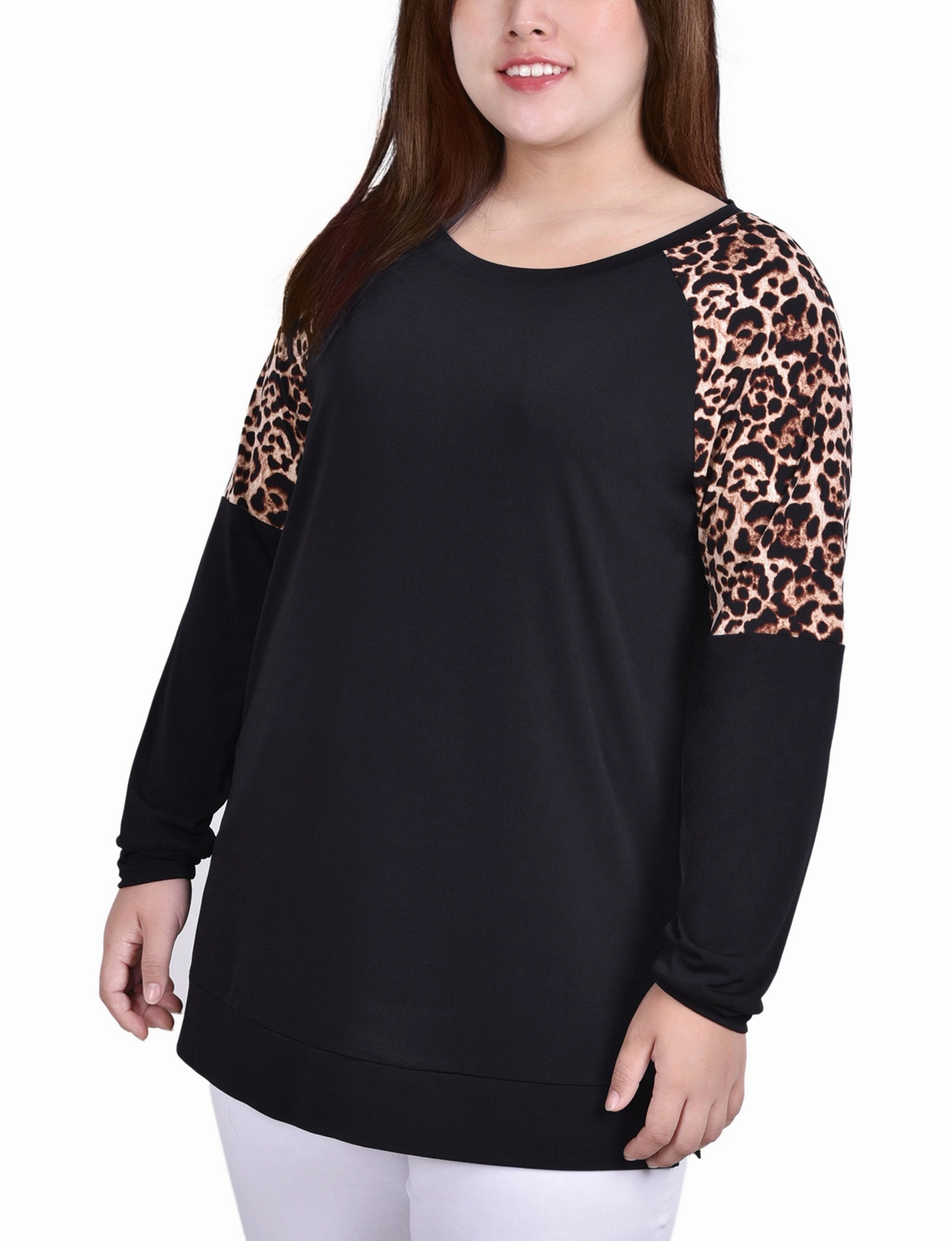 DoubleLayered Collar Plus Size Long Raglan Sleeve Top With Animal Print Insets