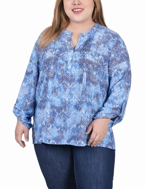 Plus Size Long Roll Tab Sleeve Pintuck Front Blouse Thermal Regulating Fabric MultiPanel Design