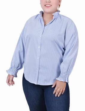 Layered Sleeve VentilatedMeshPaneling Plus Size Long Sleeve Button Front Blouse