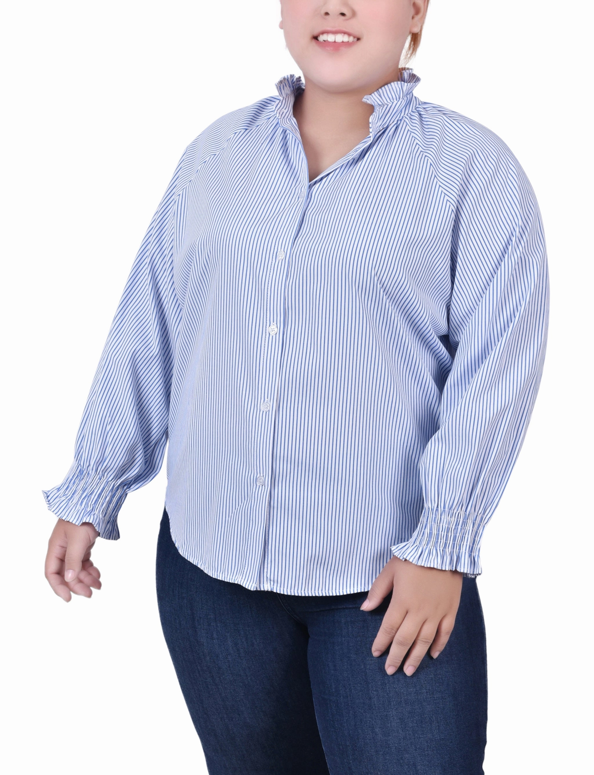 LowMaintenanceMaterial AntiPill Texture Plus Size Long Sleeve Button Front Blouse