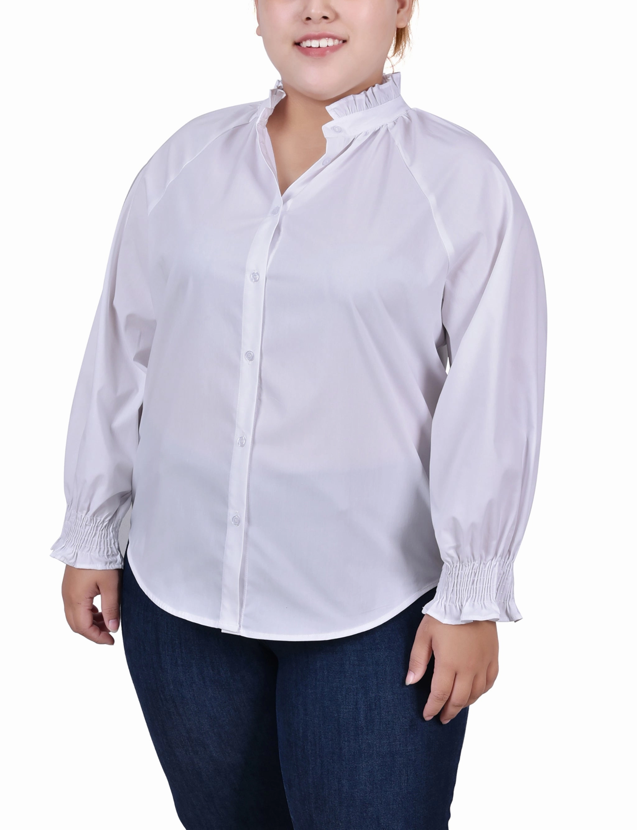 Soft Brushed Finish Plus Size Long Sleeve Button Front Blouse