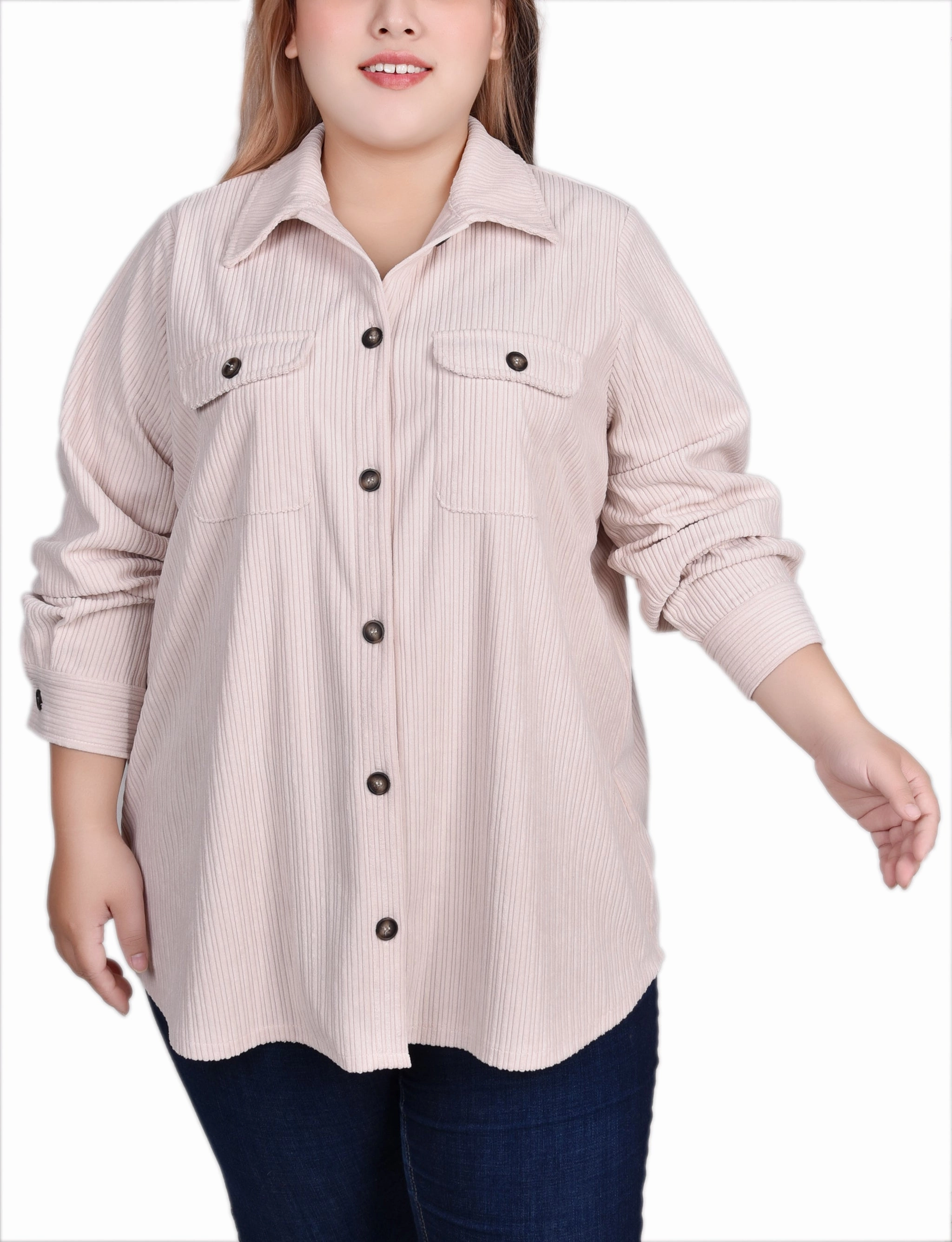 Plus Size Long Sleeve Corduroy Shirt Jacket EcoFriendlyBlend RollUpCuff