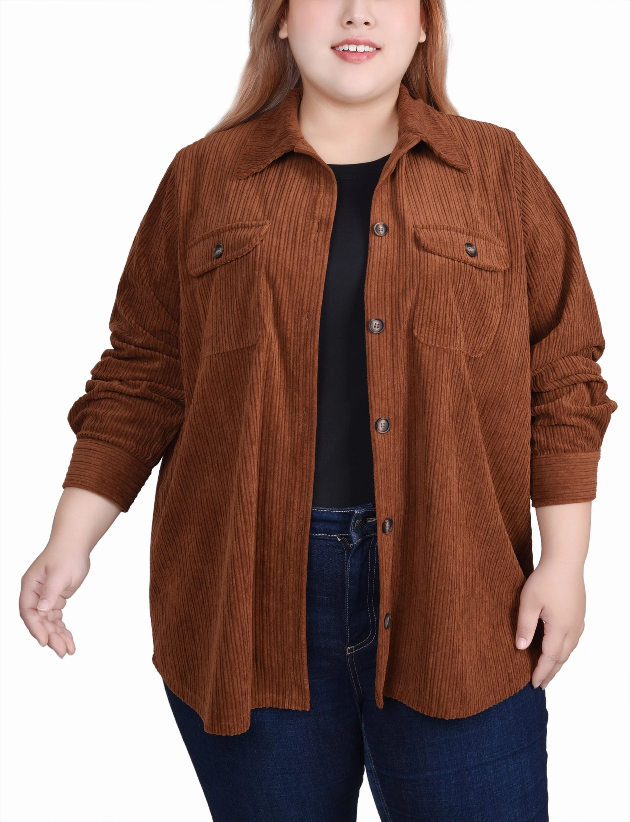 Plus Size Long Sleeve Corduroy Shirt Jacket QuickRelease Fastener